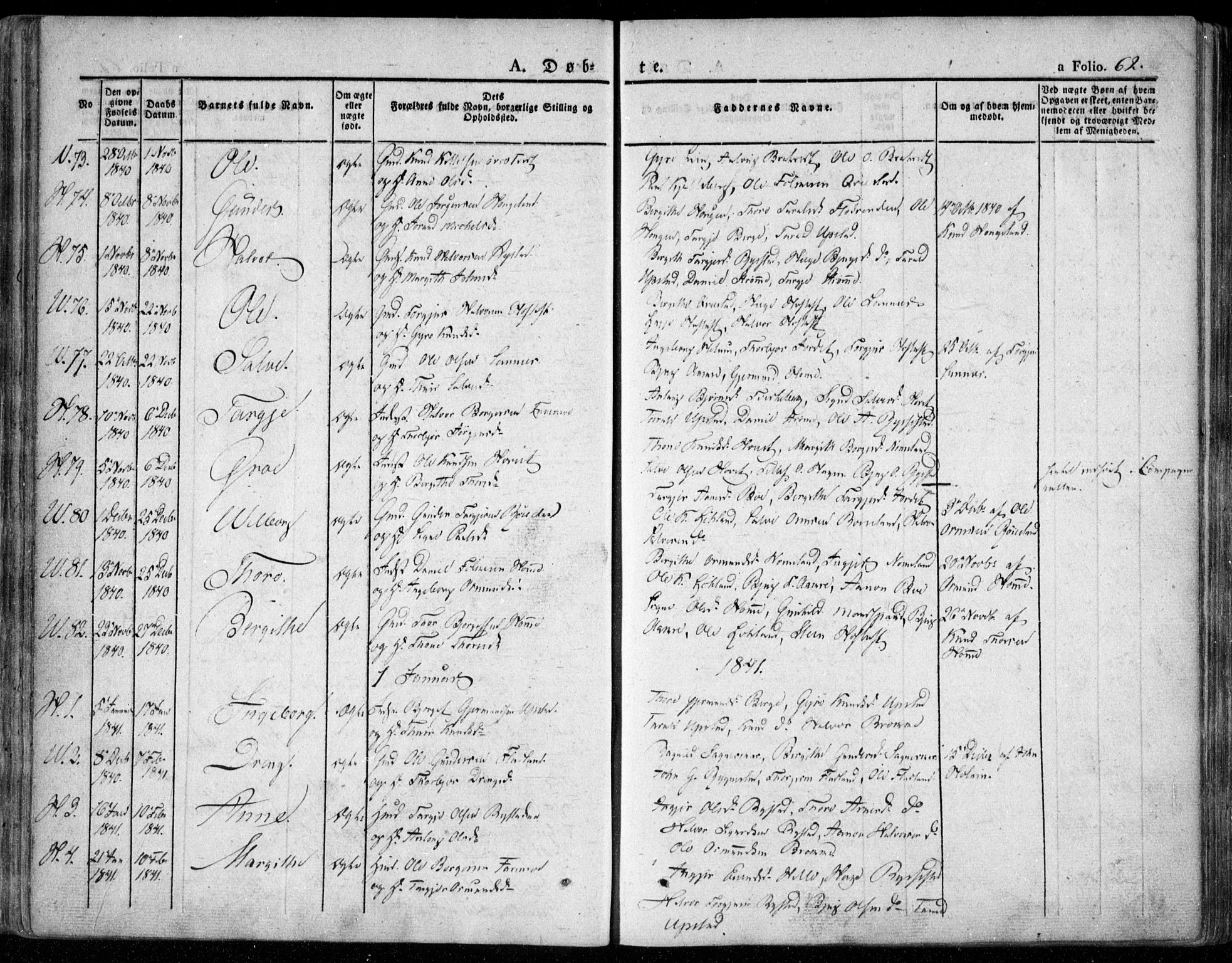 Valle sokneprestkontor, SAK/1111-0044/F/Fa/Fac/L0006: Parish register (official) no. A 6, 1831-1853, p. 62