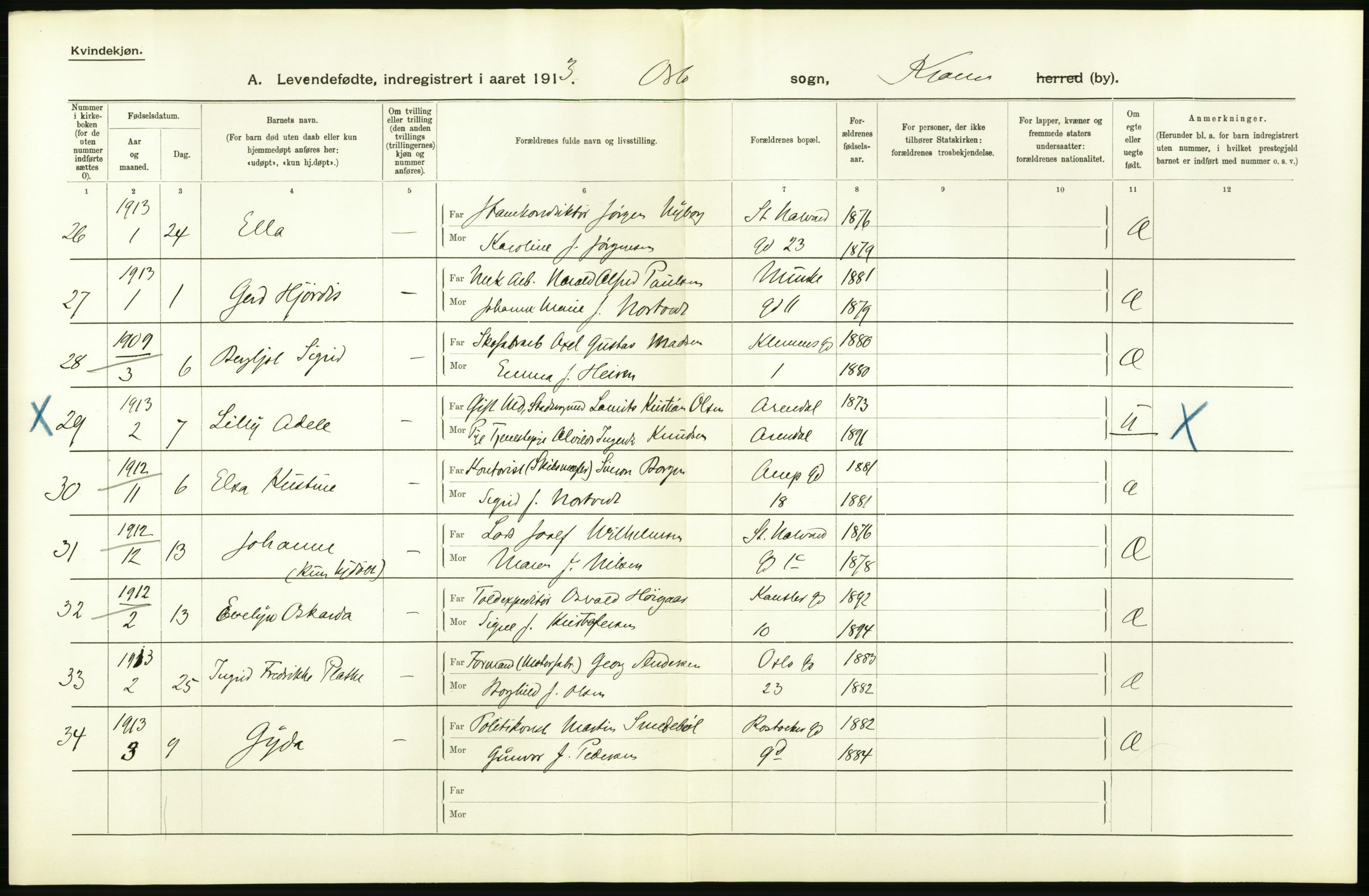 Statistisk sentralbyrå, Sosiodemografiske emner, Befolkning, AV/RA-S-2228/D/Df/Dfb/Dfbc/L0007: Kristiania: Levendefødte menn og kvinner., 1913, p. 834