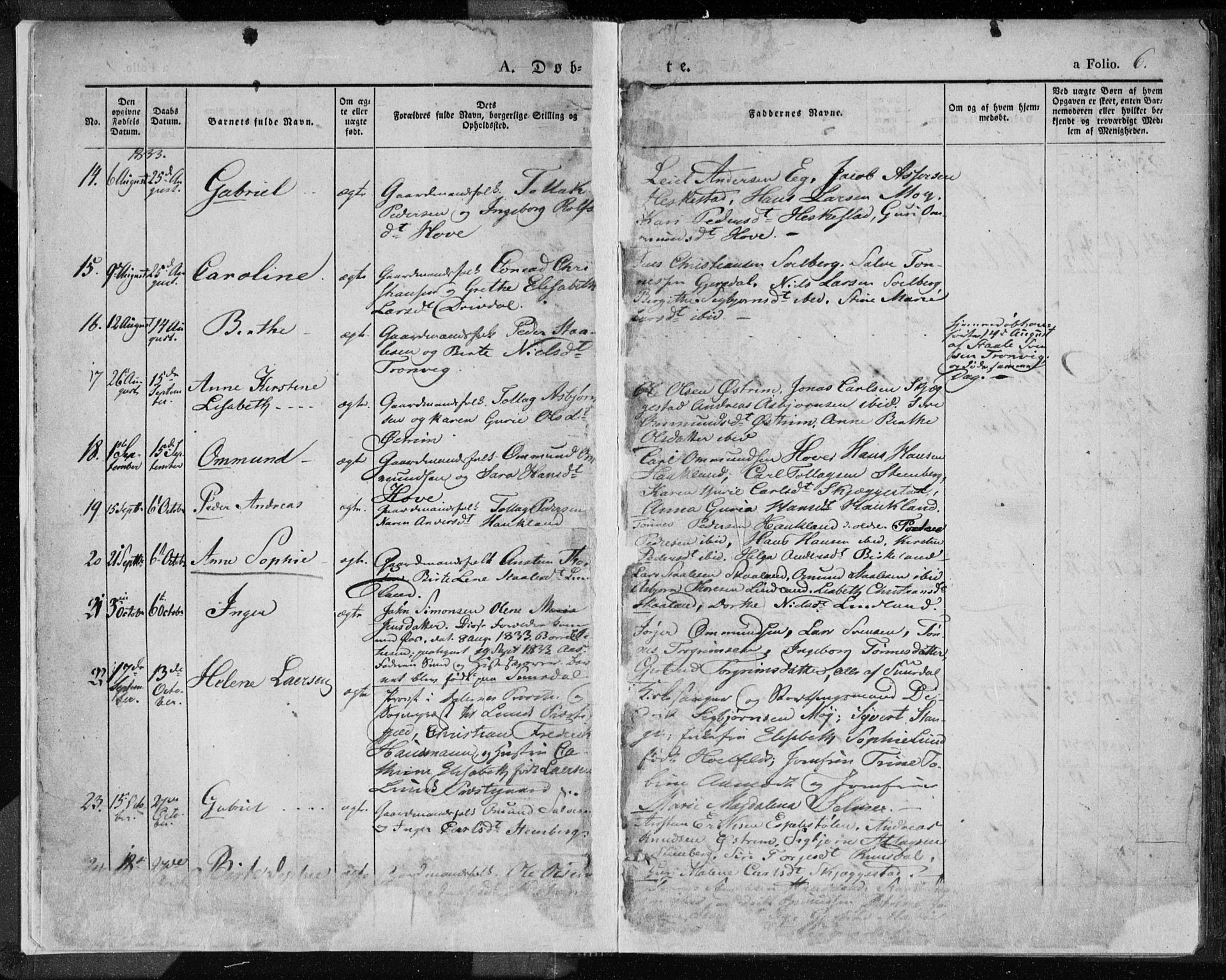 Lund sokneprestkontor, SAST/A-101809/S06/L0007: Parish register (official) no. A 7.1, 1833-1854, p. 6