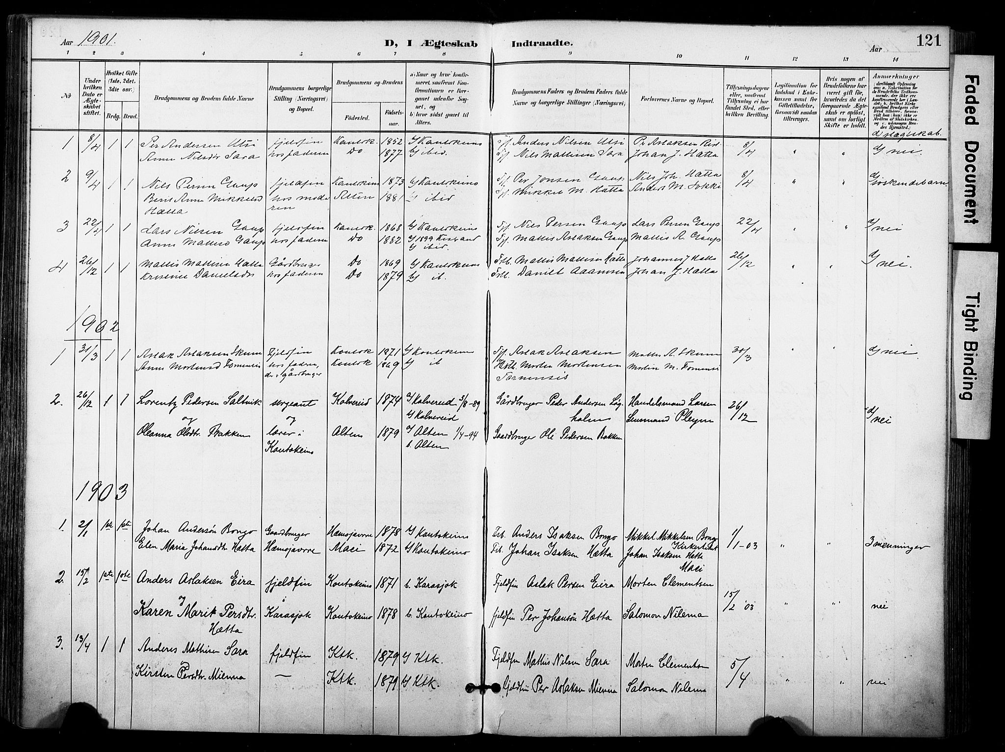 Kautokeino sokneprestembete, SATØ/S-1340/H/Ha/L0005.kirke: Parish register (official) no. 5, 1896-1916, p. 121