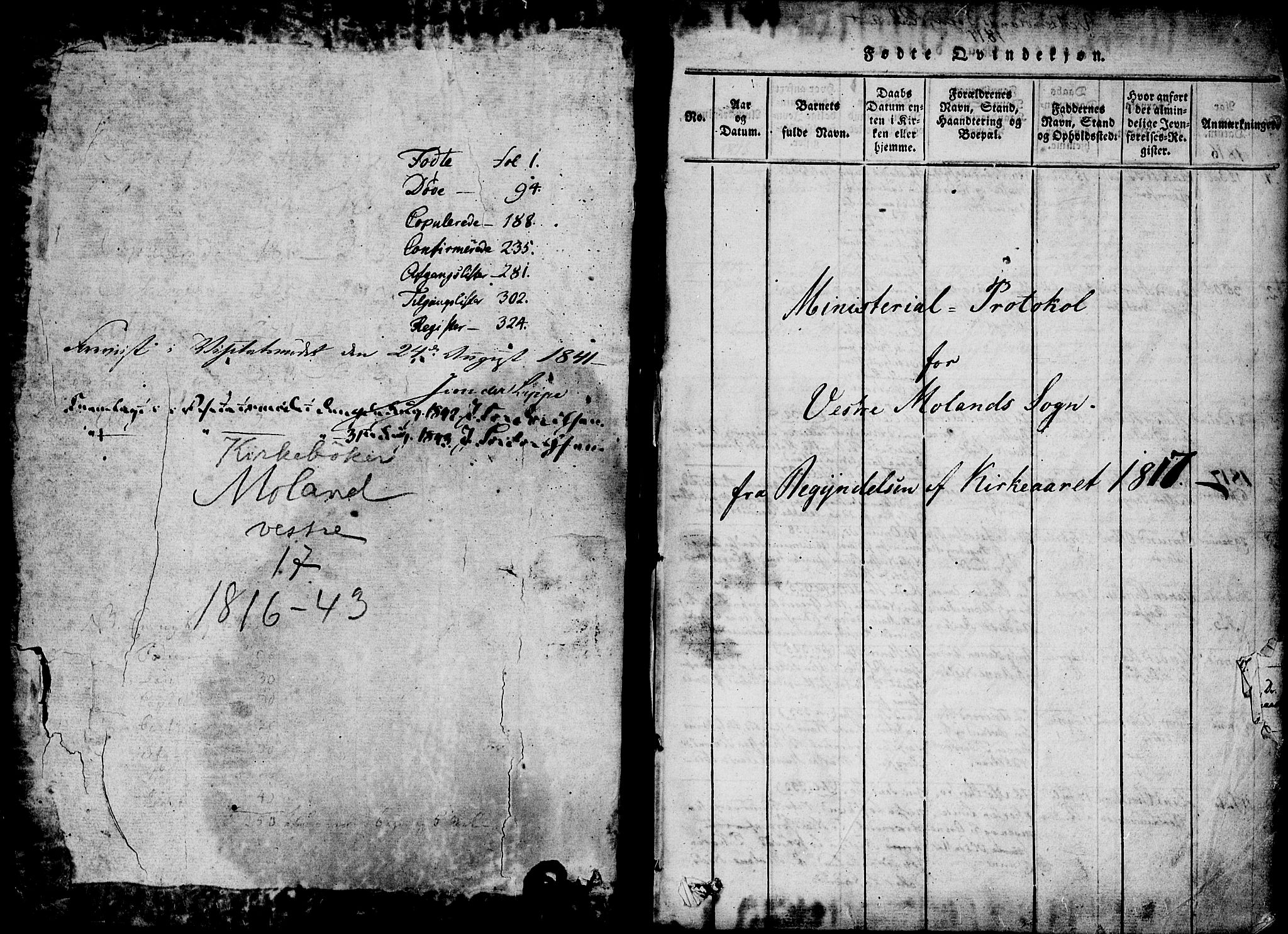 Vestre Moland sokneprestkontor, AV/SAK-1111-0046/F/Fa/Fab/L0003: Parish register (official) no. A 3, 1816-1843