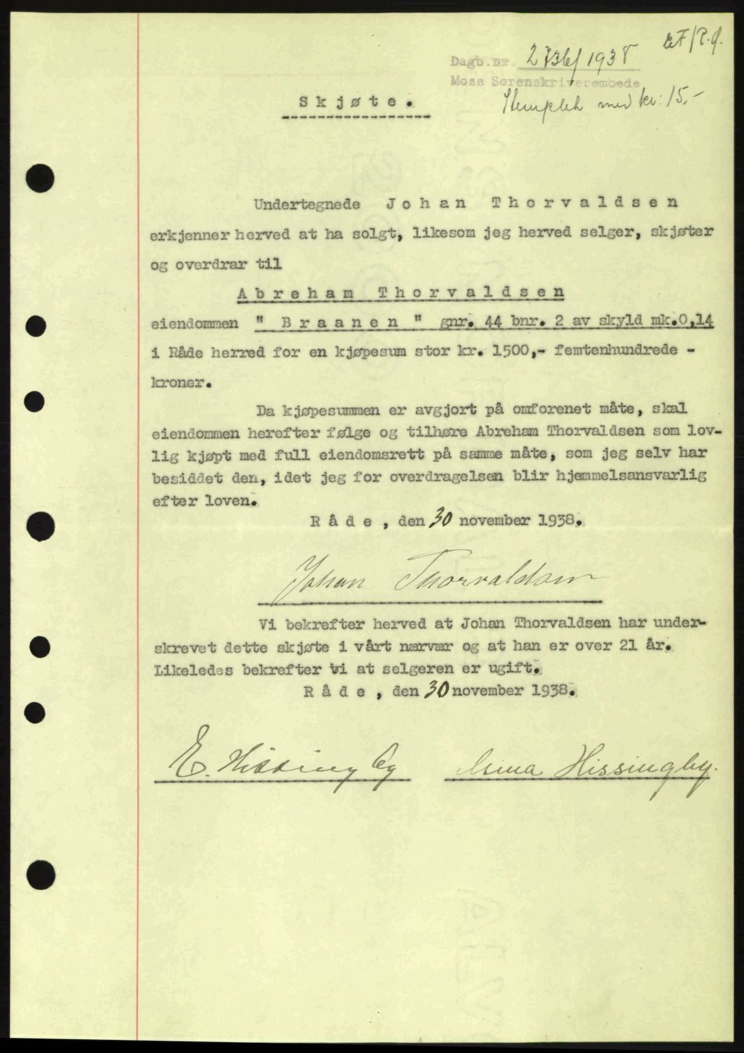 Moss sorenskriveri, SAO/A-10168: Mortgage book no. A5, 1938-1939, Diary no: : 2736/1938