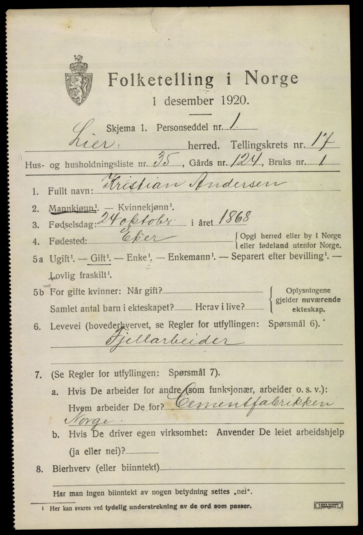 SAKO, 1920 census for Lier, 1920, p. 24812