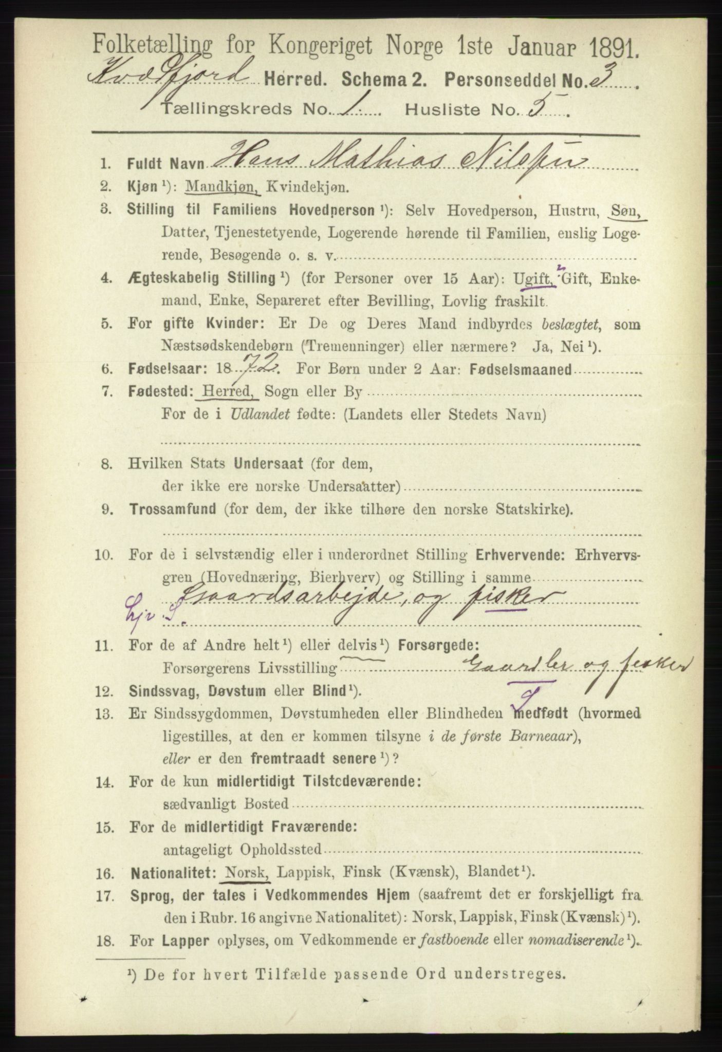 RA, 1891 census for 1911 Kvæfjord, 1891, p. 129