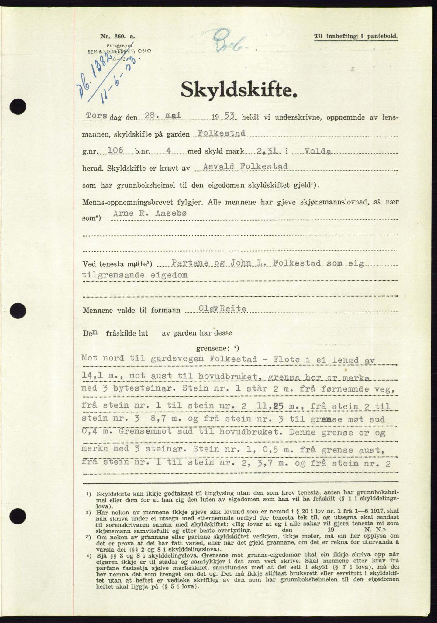 Søre Sunnmøre sorenskriveri, AV/SAT-A-4122/1/2/2C/L0095: Mortgage book no. 21A, 1953-1953, Diary no: : 1382/1953