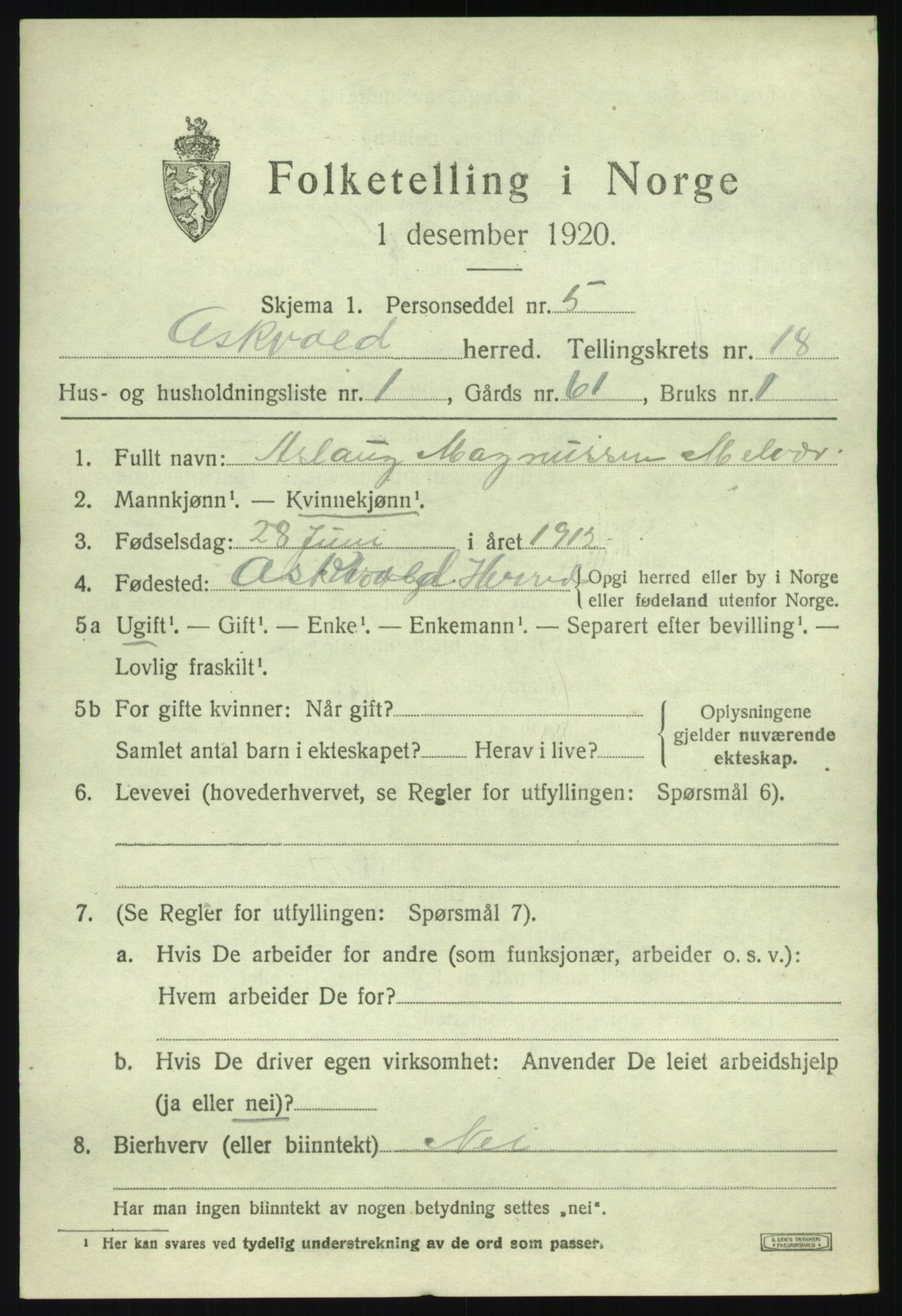 SAB, 1920 census for Askvoll, 1920, p. 6762