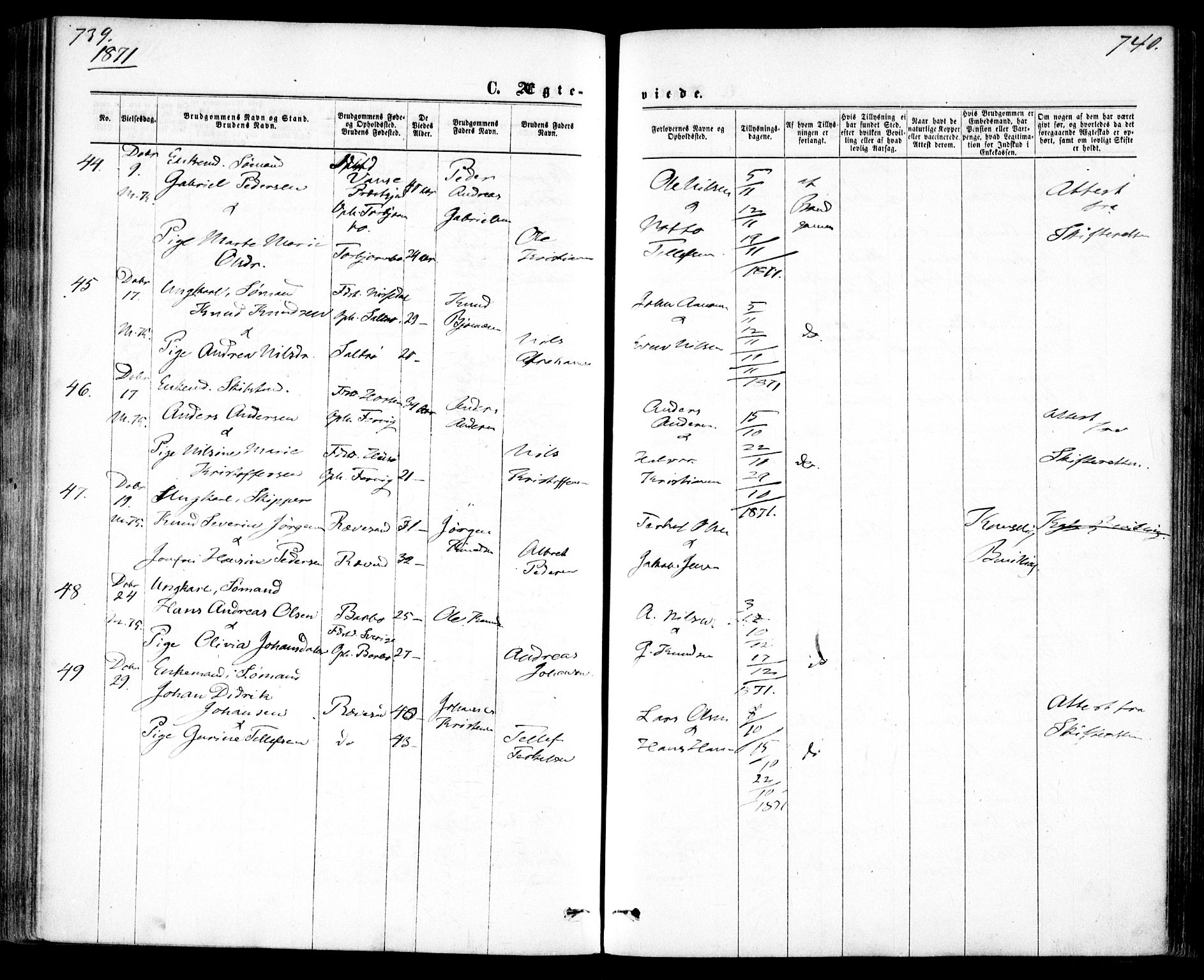 Tromøy sokneprestkontor, AV/SAK-1111-0041/F/Fa/L0008: Parish register (official) no. A 8, 1870-1877, p. 739-740