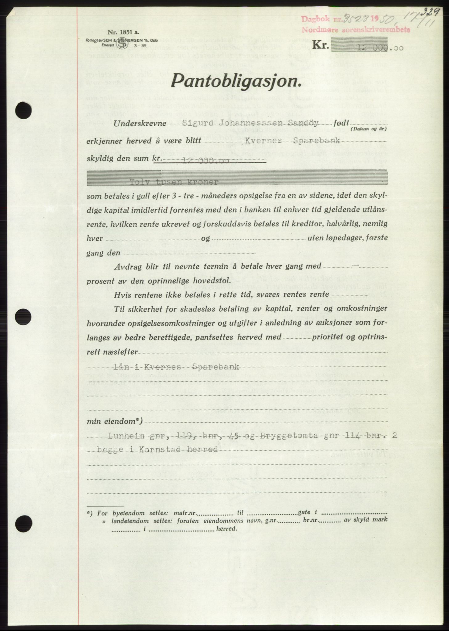 Nordmøre sorenskriveri, AV/SAT-A-4132/1/2/2Ca: Mortgage book no. B106, 1950-1950, Diary no: : 3523/1950