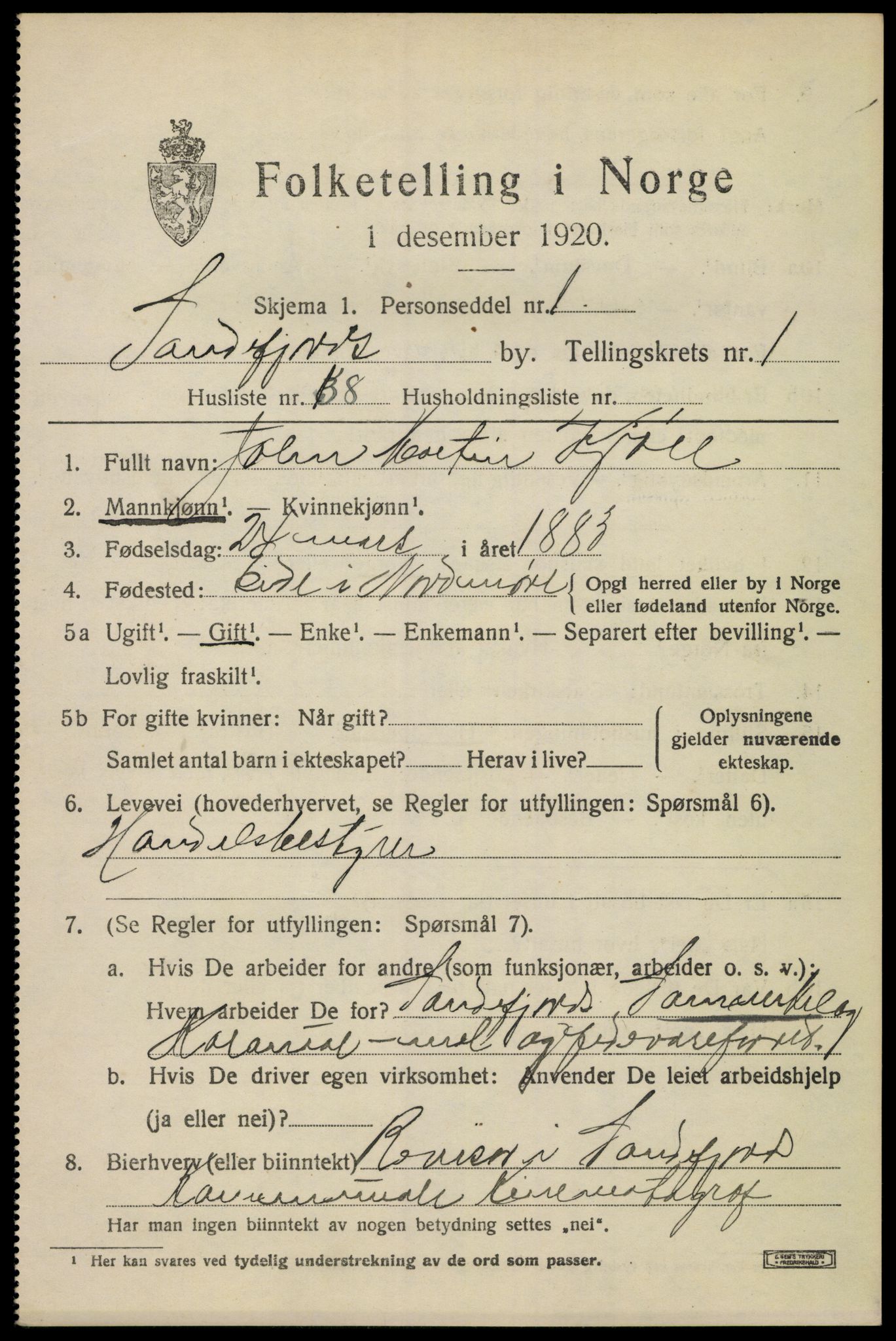 SAKO, 1920 census for Sandefjord, 1920, p. 4652