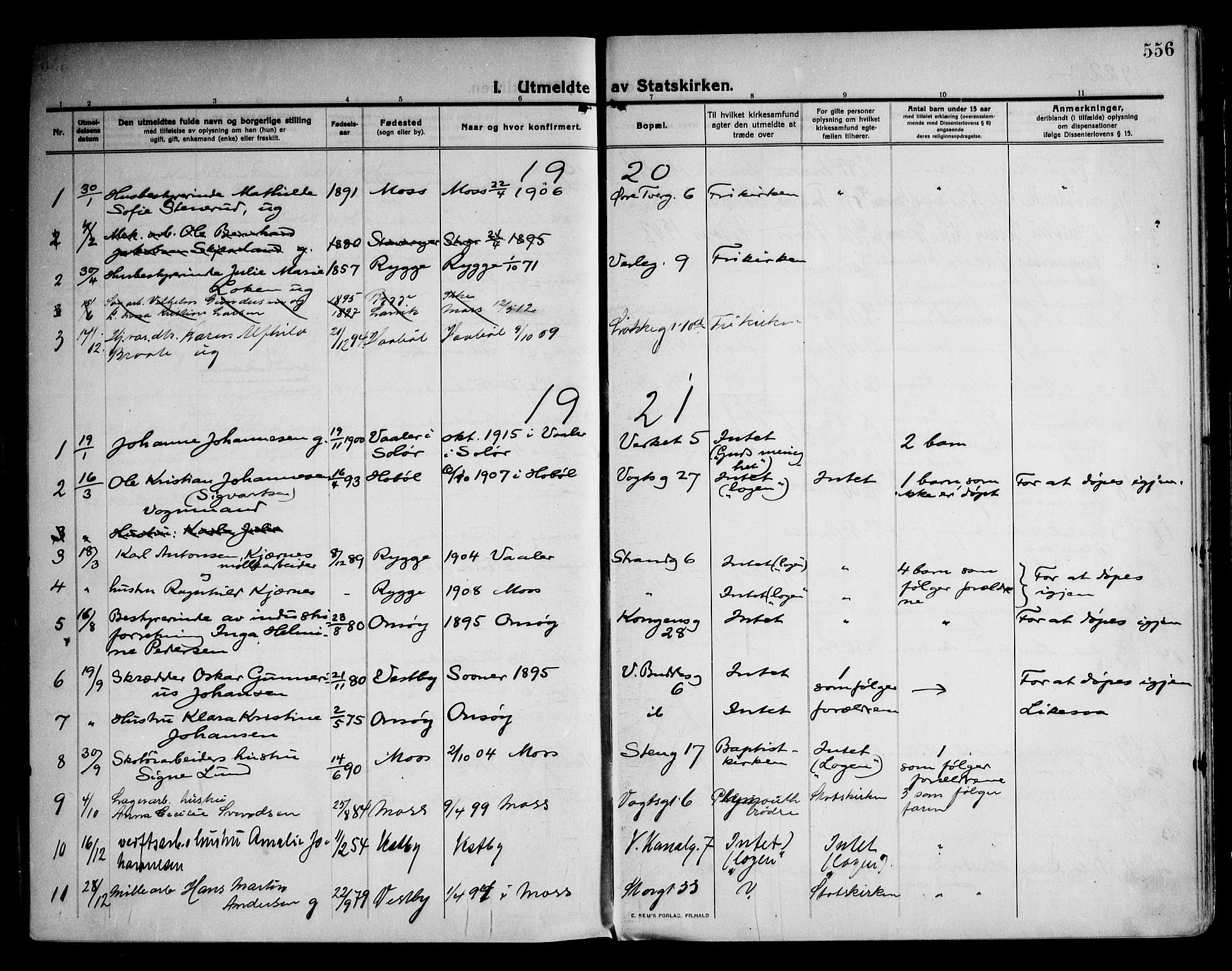 Moss prestekontor Kirkebøker, AV/SAO-A-2003/F/Fb/L0005: Parish register (official) no. II 5, 1913-1923, p. 556