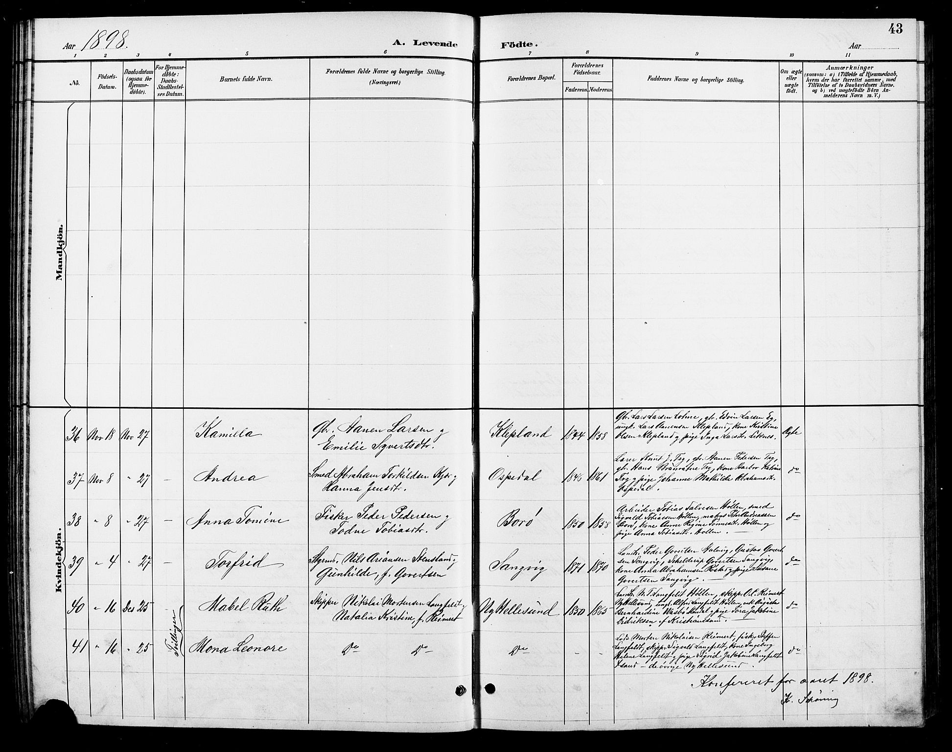 Søgne sokneprestkontor, AV/SAK-1111-0037/F/Fb/Fbb/L0006: Parish register (copy) no. B 6, 1892-1911, p. 43