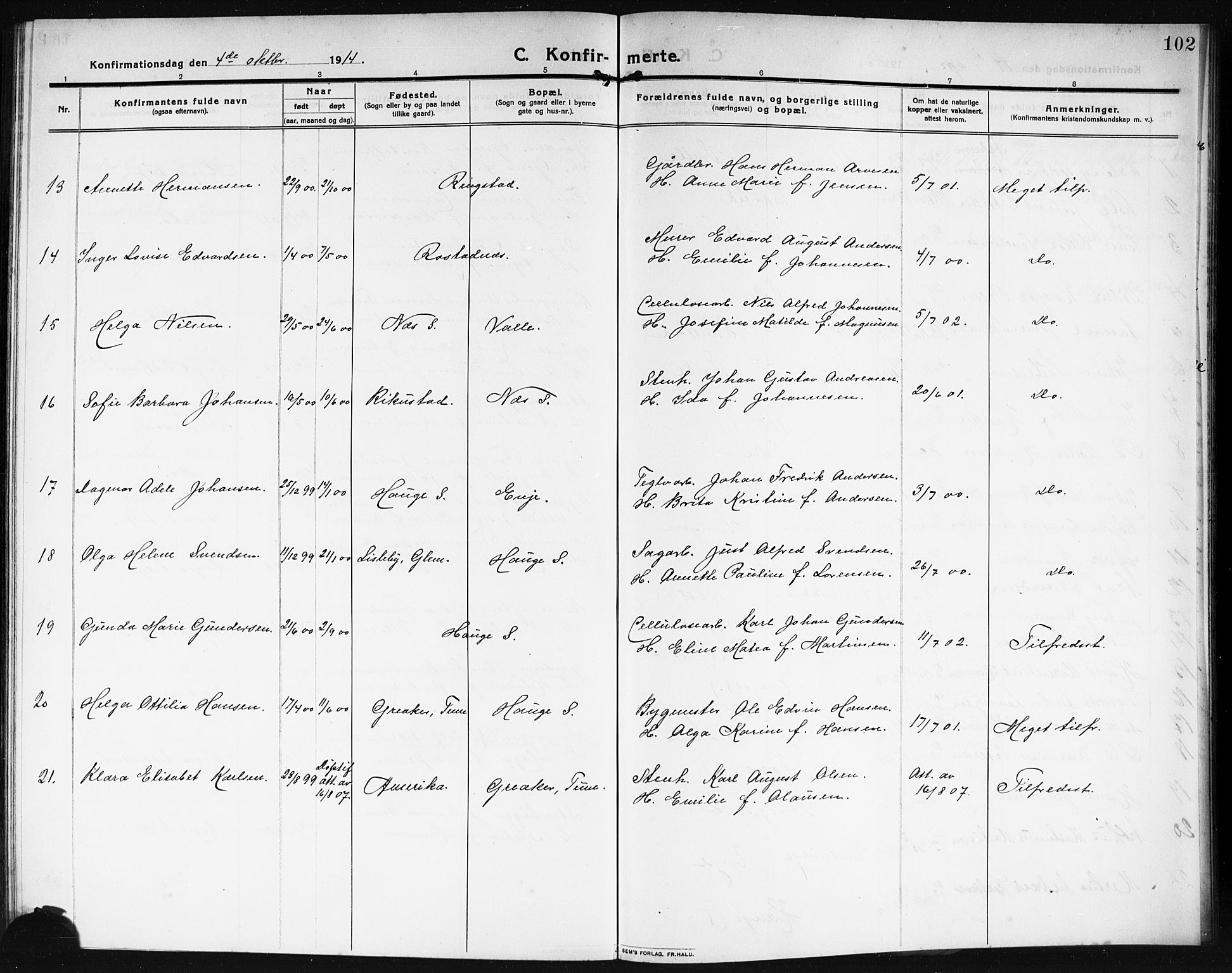 Rolvsøy prestekontor Kirkebøker, AV/SAO-A-2004/G/Ga/L0001: Parish register (copy) no. 1, 1911-1920, p. 102