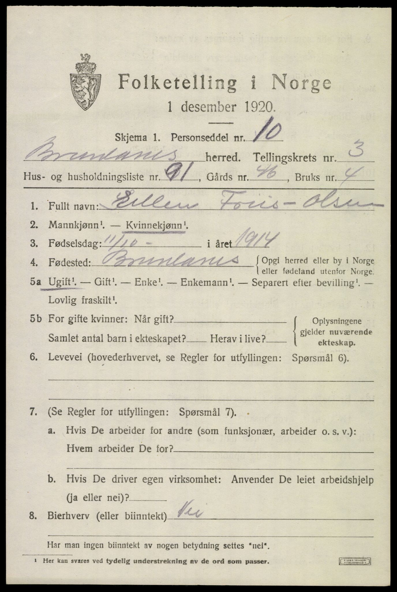 SAKO, 1920 census for Brunlanes, 1920, p. 5797