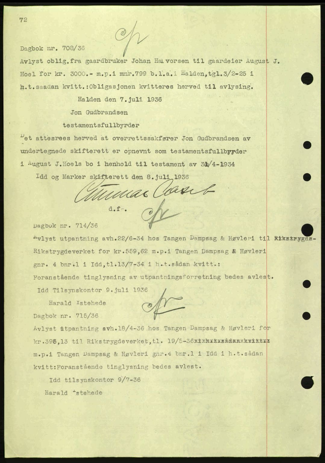 Idd og Marker sorenskriveri, AV/SAO-A-10283/G/Gb/Gbc/L0001: Mortgage book no. B1-3, 1936-1939, Diary no: : 708/1936