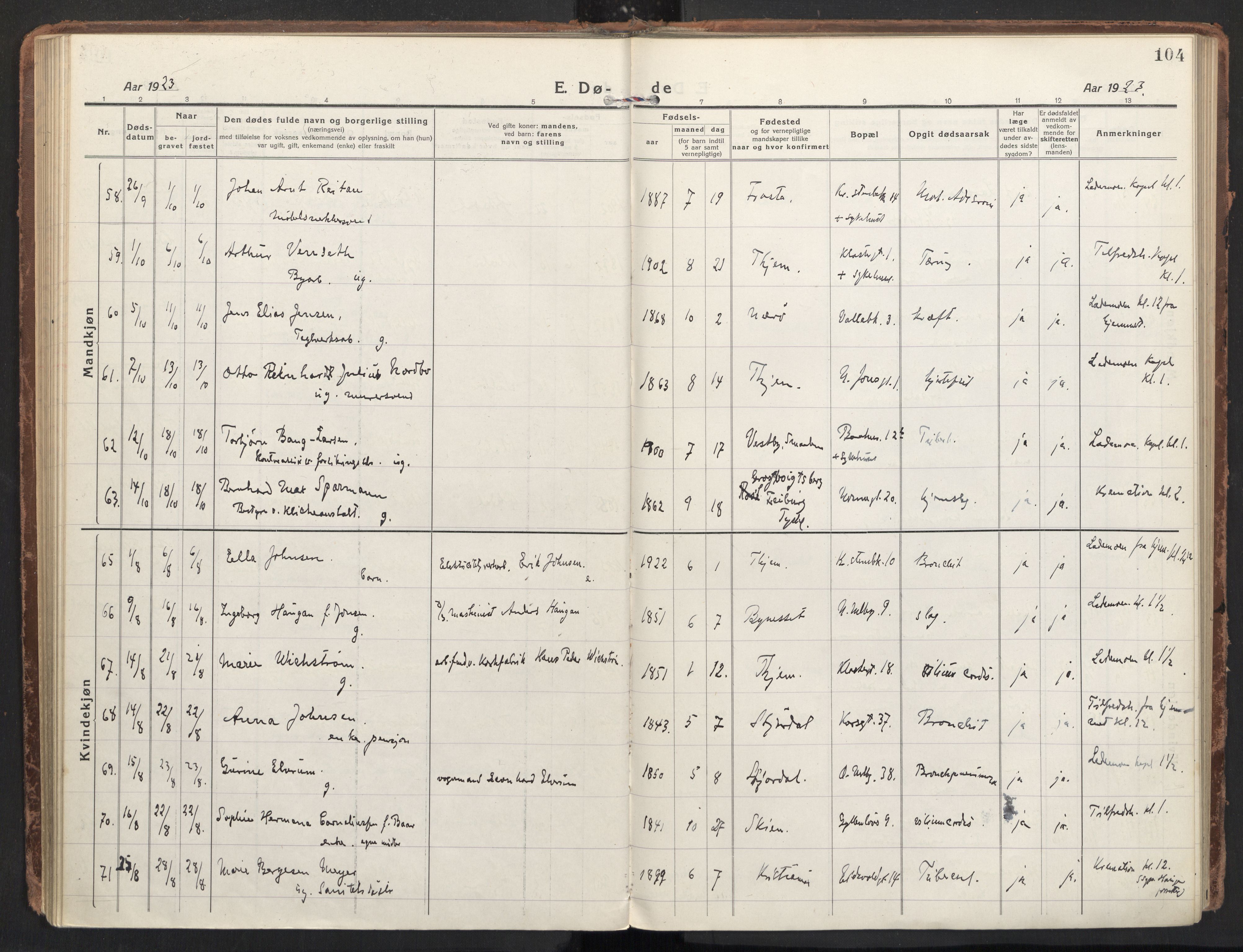 Ministerialprotokoller, klokkerbøker og fødselsregistre - Sør-Trøndelag, AV/SAT-A-1456/604/L0207: Parish register (official) no. 604A27, 1917-1933, p. 104