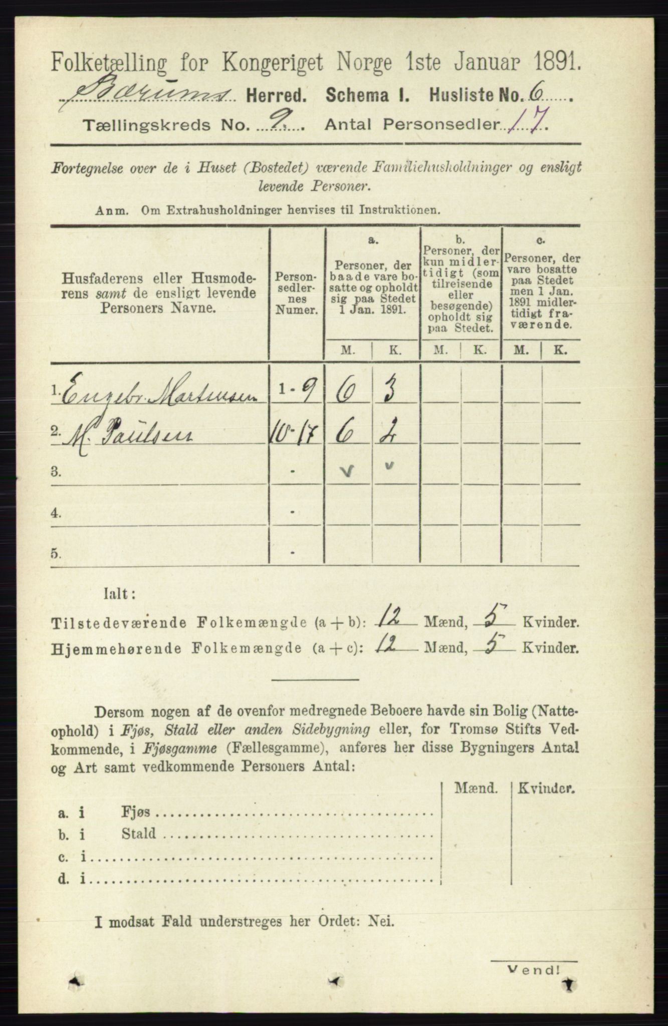 RA, 1891 census for 0219 Bærum, 1891, p. 4985