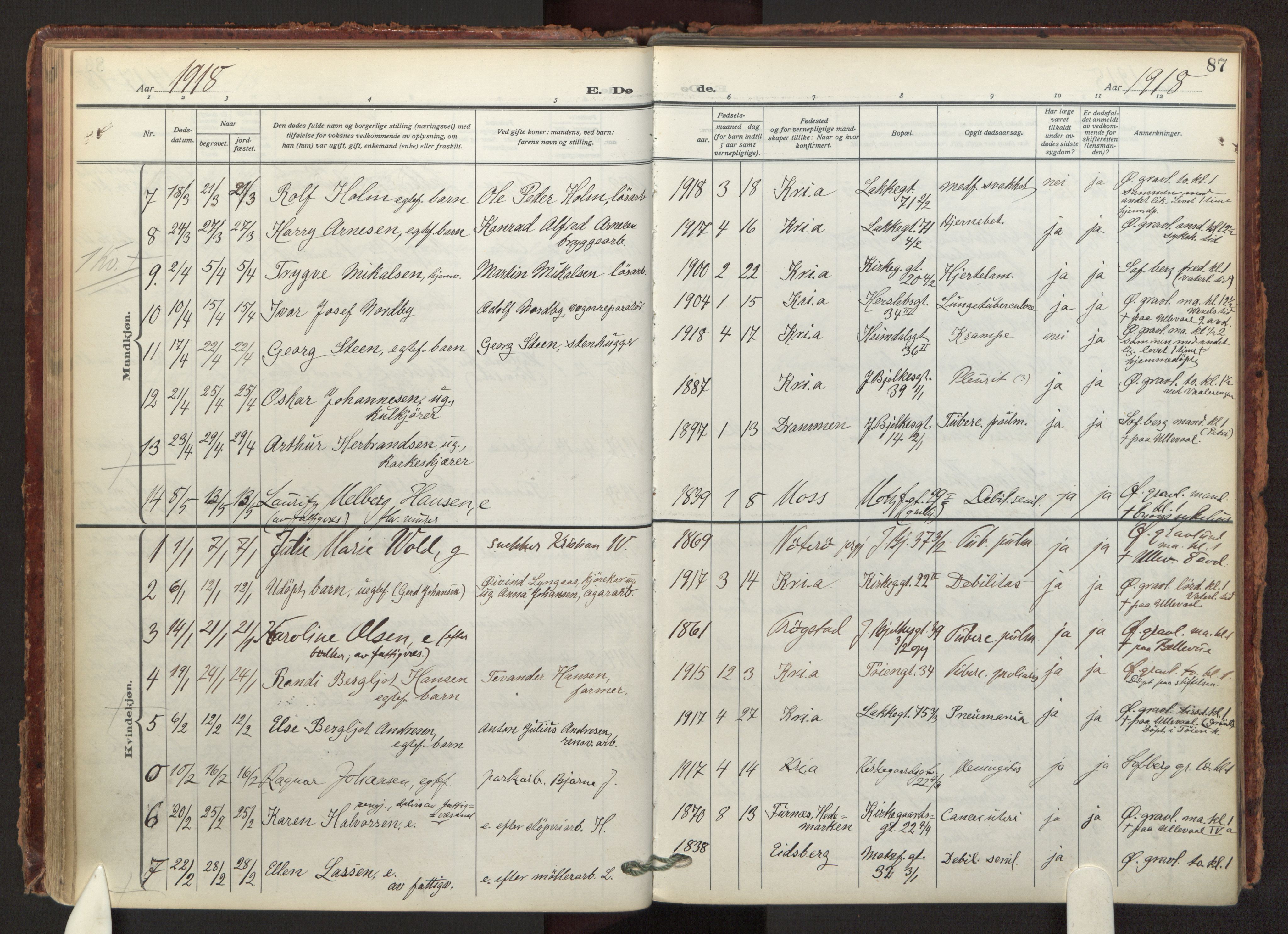 Tøyen prestekontor Kirkebøker, AV/SAO-A-10167a/F/Fa/L0003: Parish register (official) no. I 3, 1917-1933, p. 87