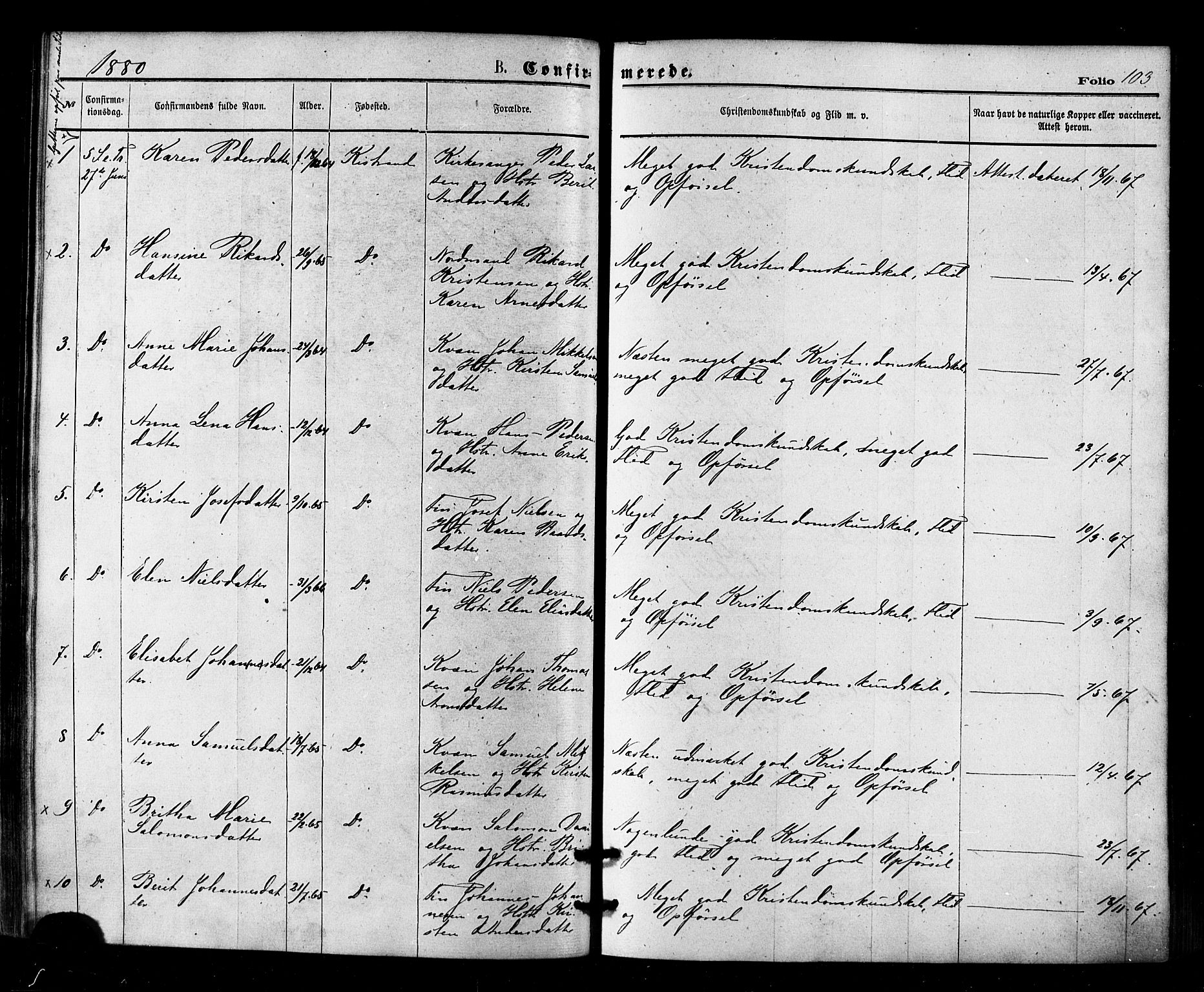 Kistrand/Porsanger sokneprestembete, AV/SATØ-S-1351/H/Ha/L0006.kirke: Parish register (official) no. 6, 1875-1880, p. 103