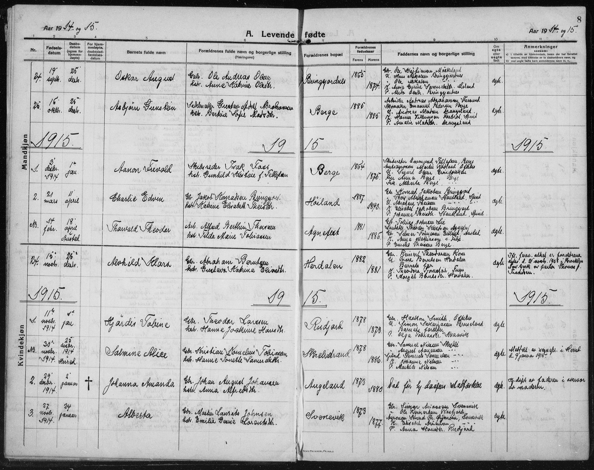 Lyngdal sokneprestkontor, AV/SAK-1111-0029/F/Fb/Fbc/L0006: Parish register (copy) no. B 6, 1914-1934, p. 8