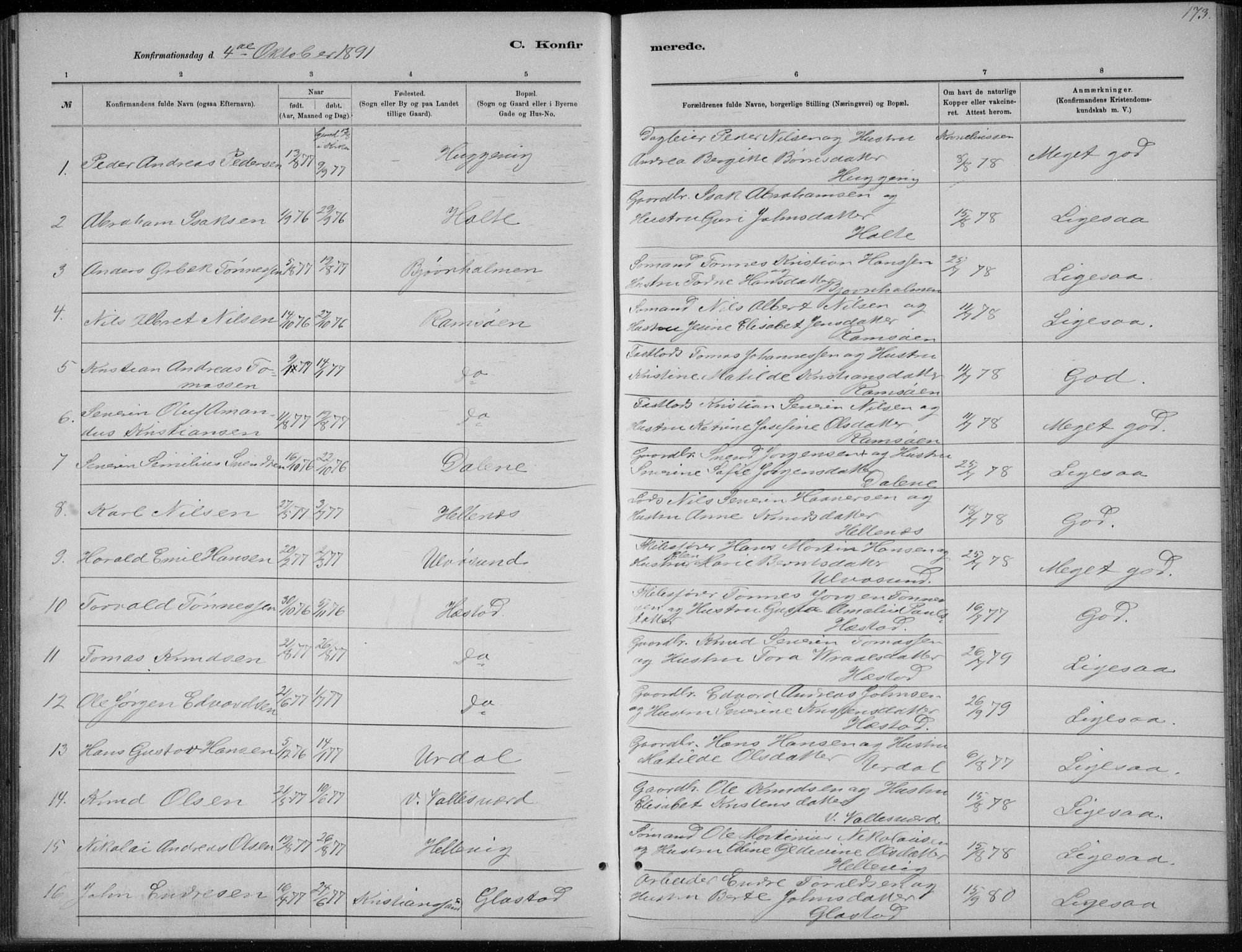 Høvåg sokneprestkontor, SAK/1111-0025/F/Fb/L0004: Parish register (copy) no. B 4, 1883-1898, p. 173