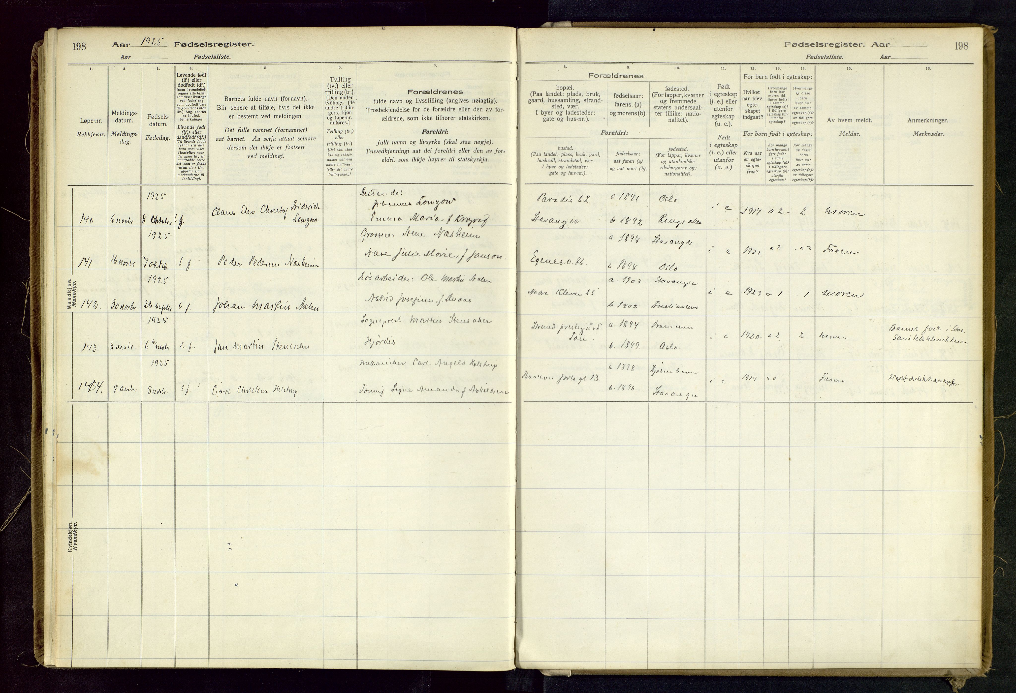 Domkirken sokneprestkontor, AV/SAST-A-101812/002/B/L0002: Birth register no. 2, 1920-1925, p. 198