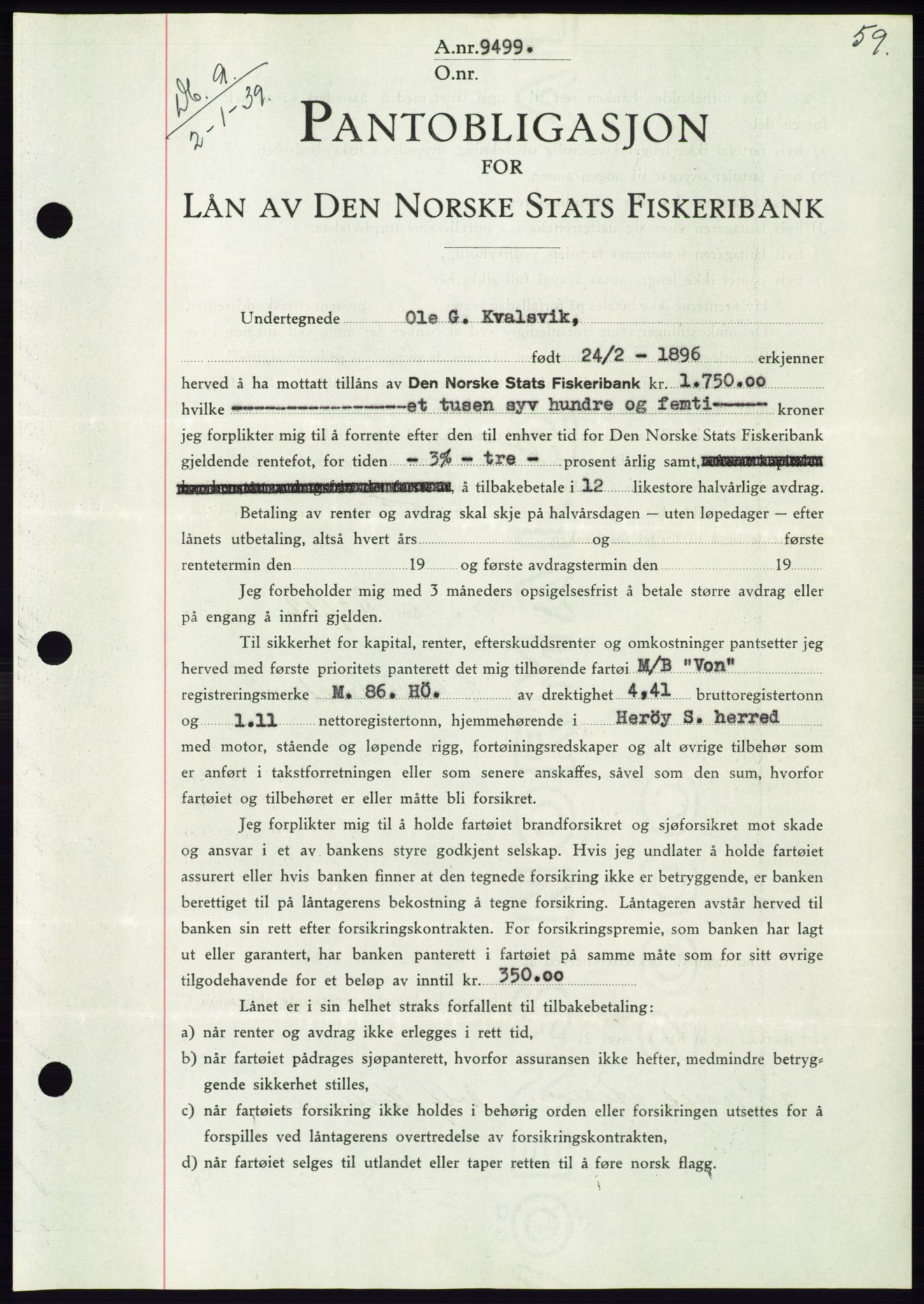 Søre Sunnmøre sorenskriveri, AV/SAT-A-4122/1/2/2C/L0067: Mortgage book no. 61, 1938-1939, Diary no: : 9/1939