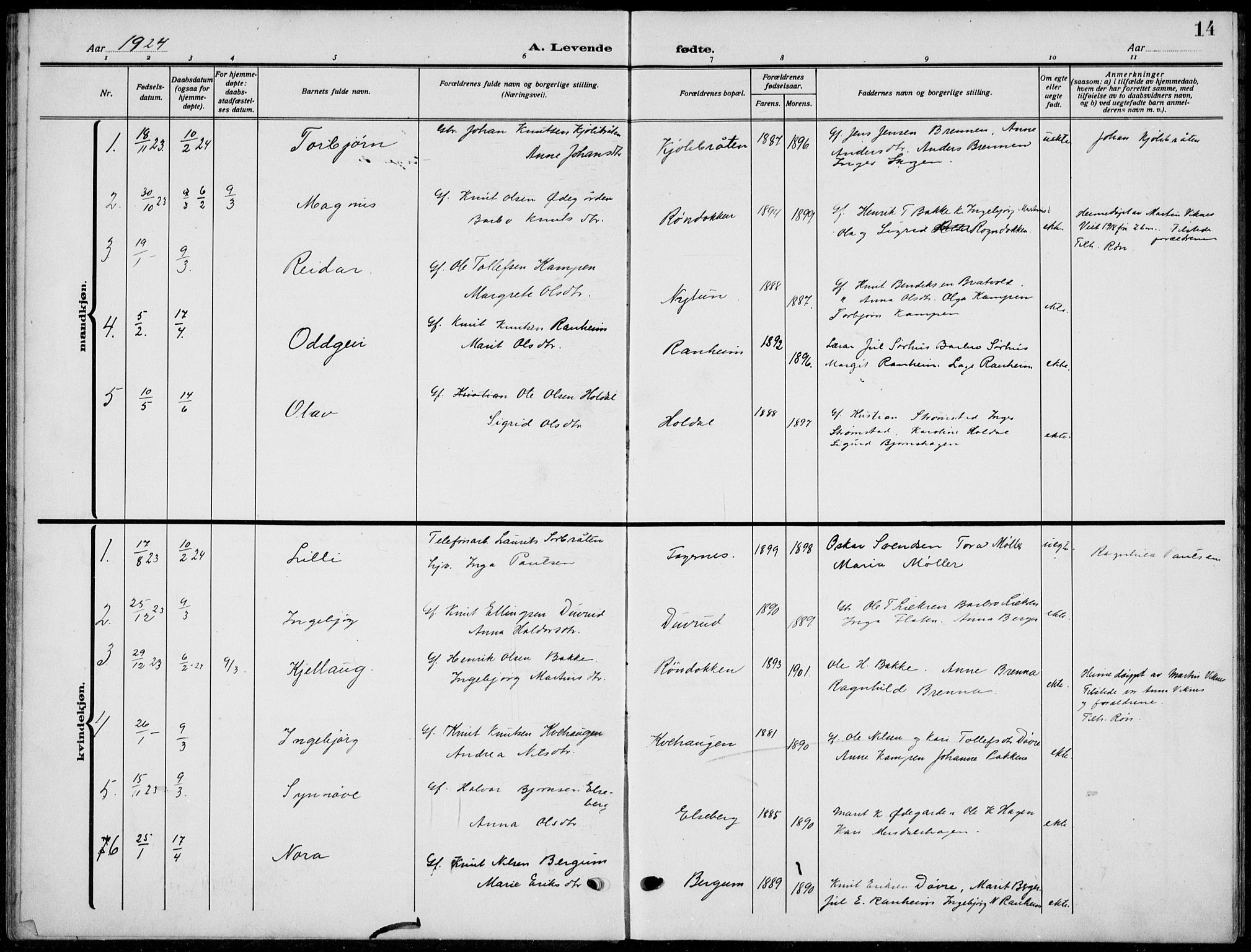 Nord-Aurdal prestekontor, SAH/PREST-132/H/Ha/Hab/L0015: Parish register (copy) no. 15, 1918-1935, p. 14