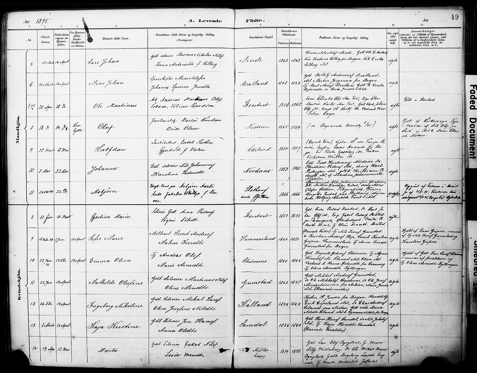 Fana Sokneprestembete, SAB/A-75101/H/Haa/Haai/L0002: Parish register (official) no. I 2, 1888-1899, p. 49