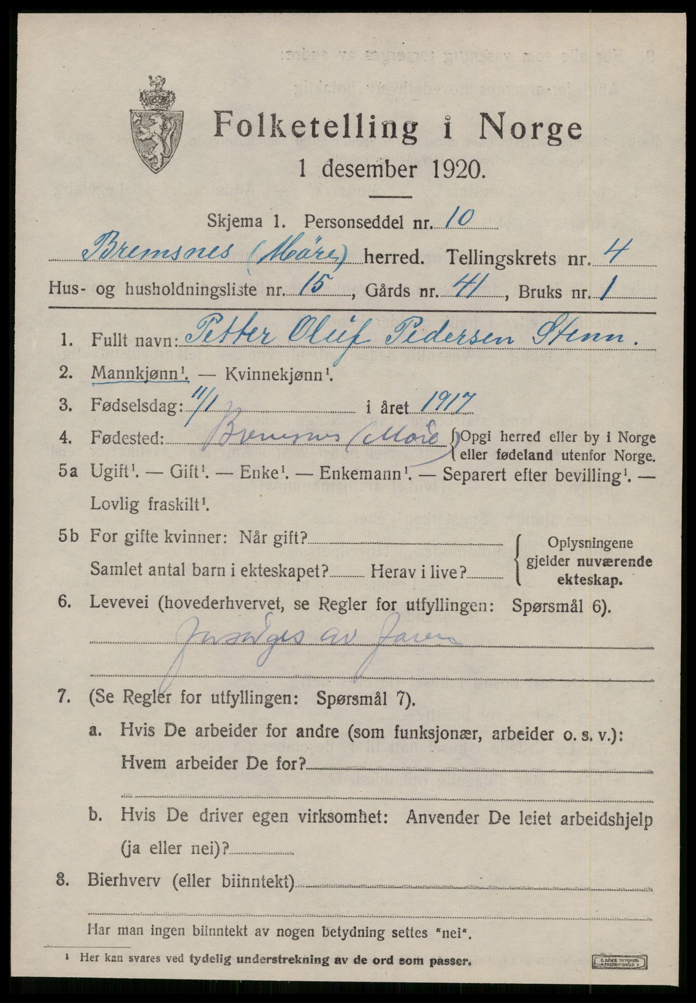 SAT, 1920 census for Bremsnes, 1920, p. 4369