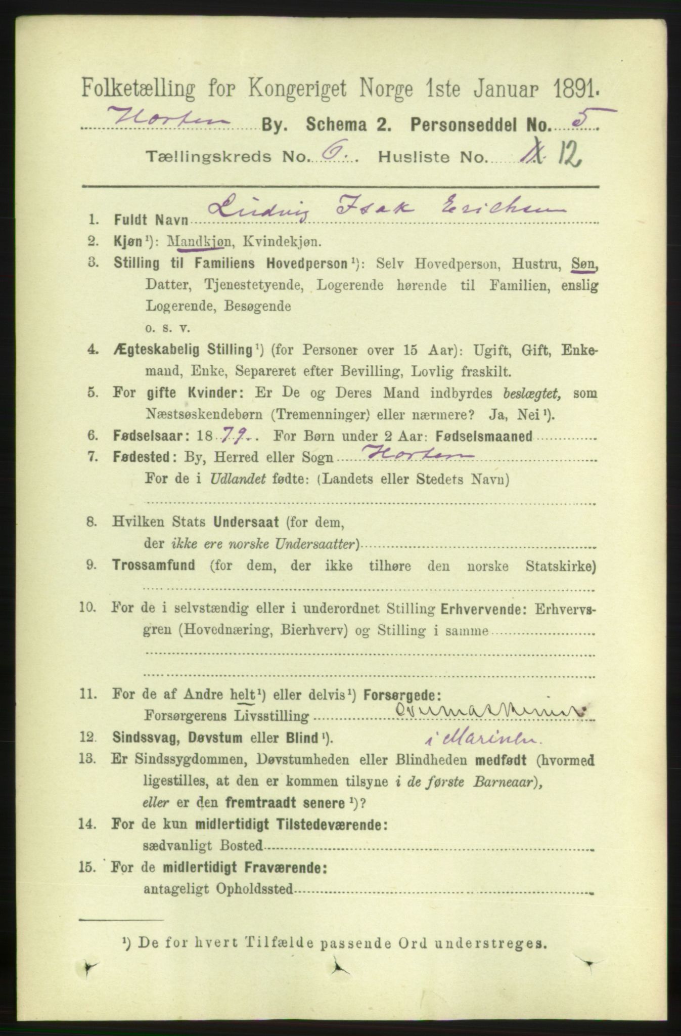 RA, 1891 census for 0703 Horten, 1891, p. 3836