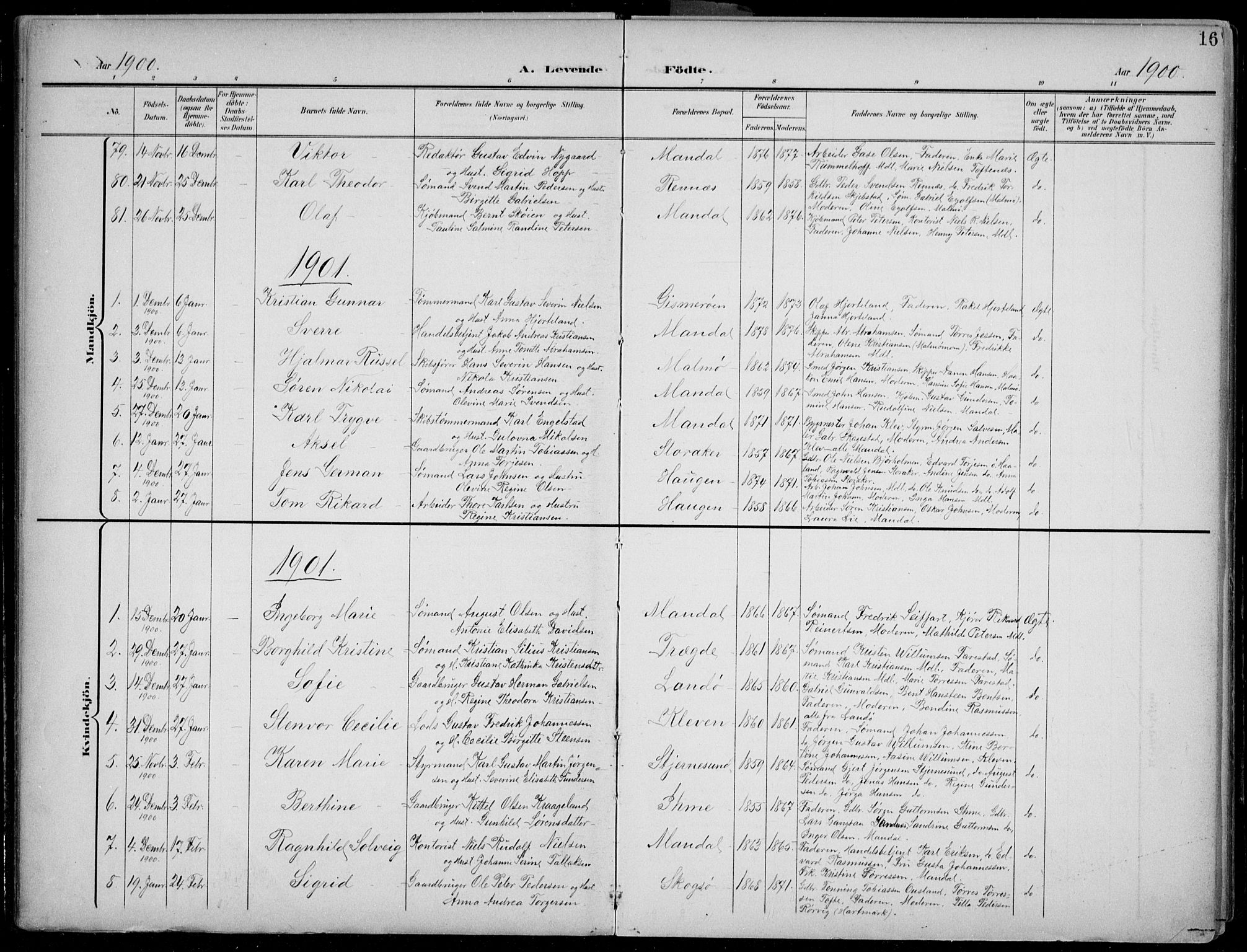 Mandal sokneprestkontor, AV/SAK-1111-0030/F/Fb/Fba/L0012: Parish register (copy) no. B 6, 1899-1918, p. 16