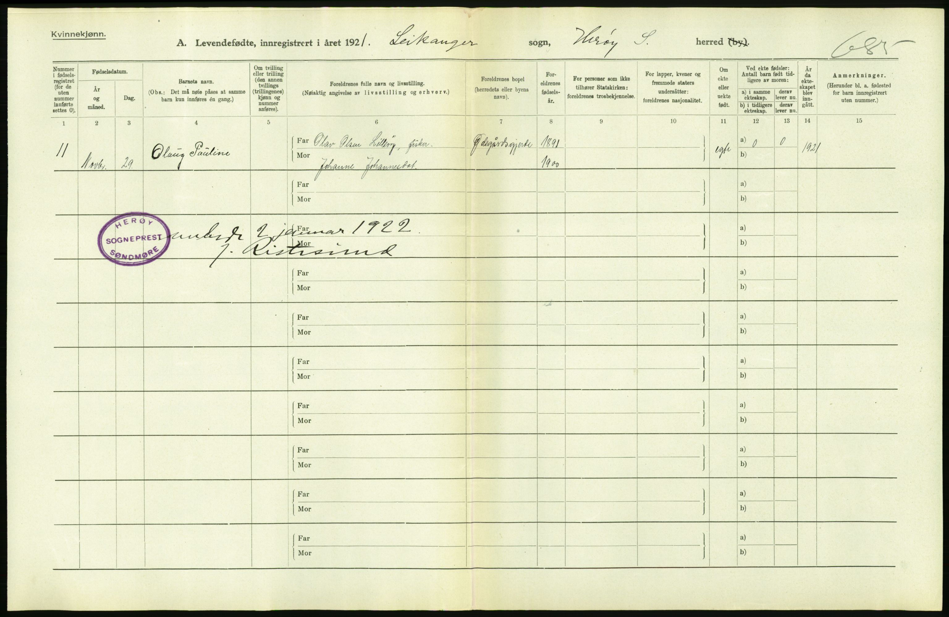 Statistisk sentralbyrå, Sosiodemografiske emner, Befolkning, AV/RA-S-2228/D/Df/Dfc/Dfca/L0040: Møre fylke: Levendefødte menn og kvinner. Bygder., 1921, p. 186