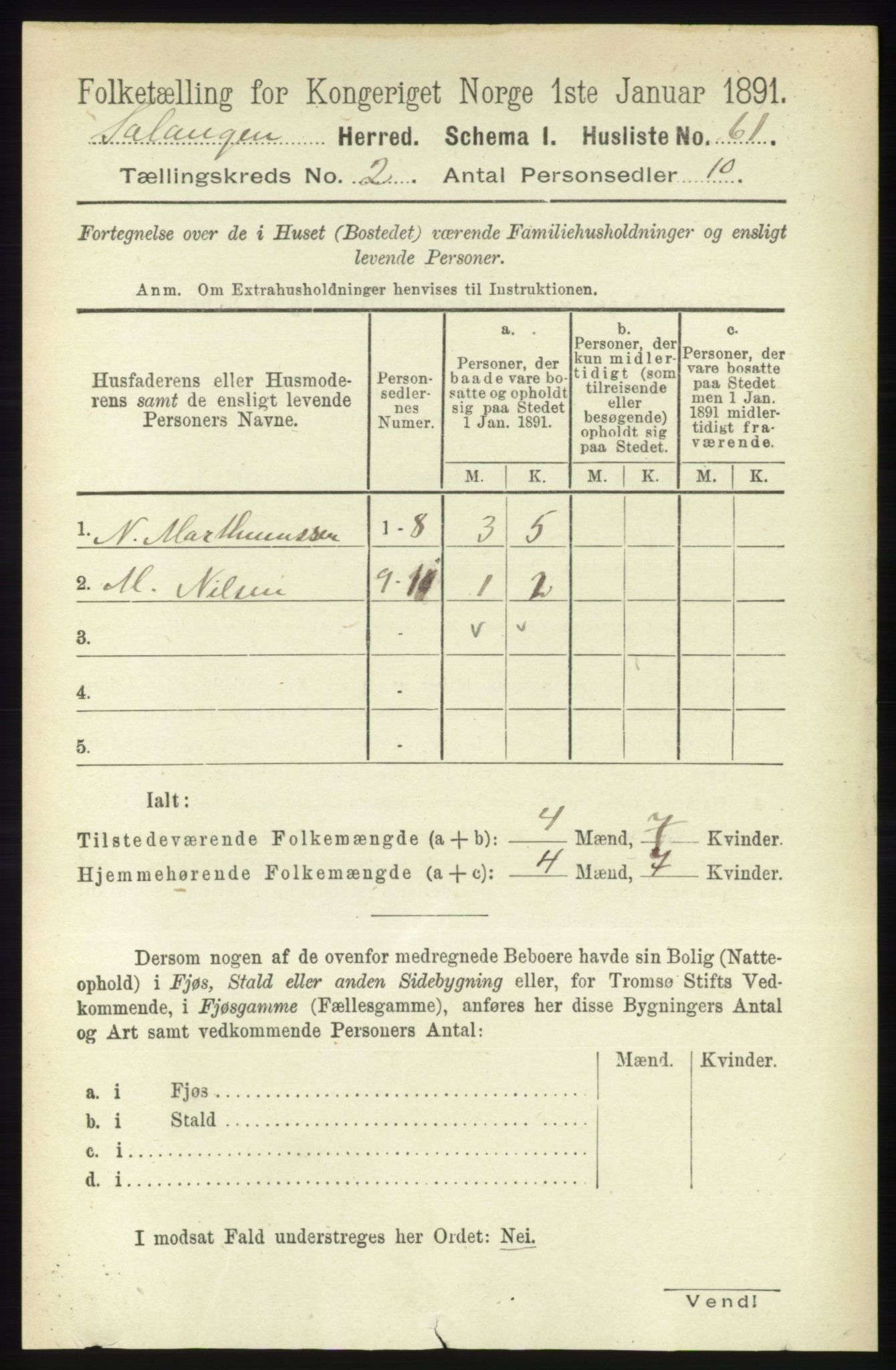 RA, 1891 census for 1921 Salangen, 1891, p. 535