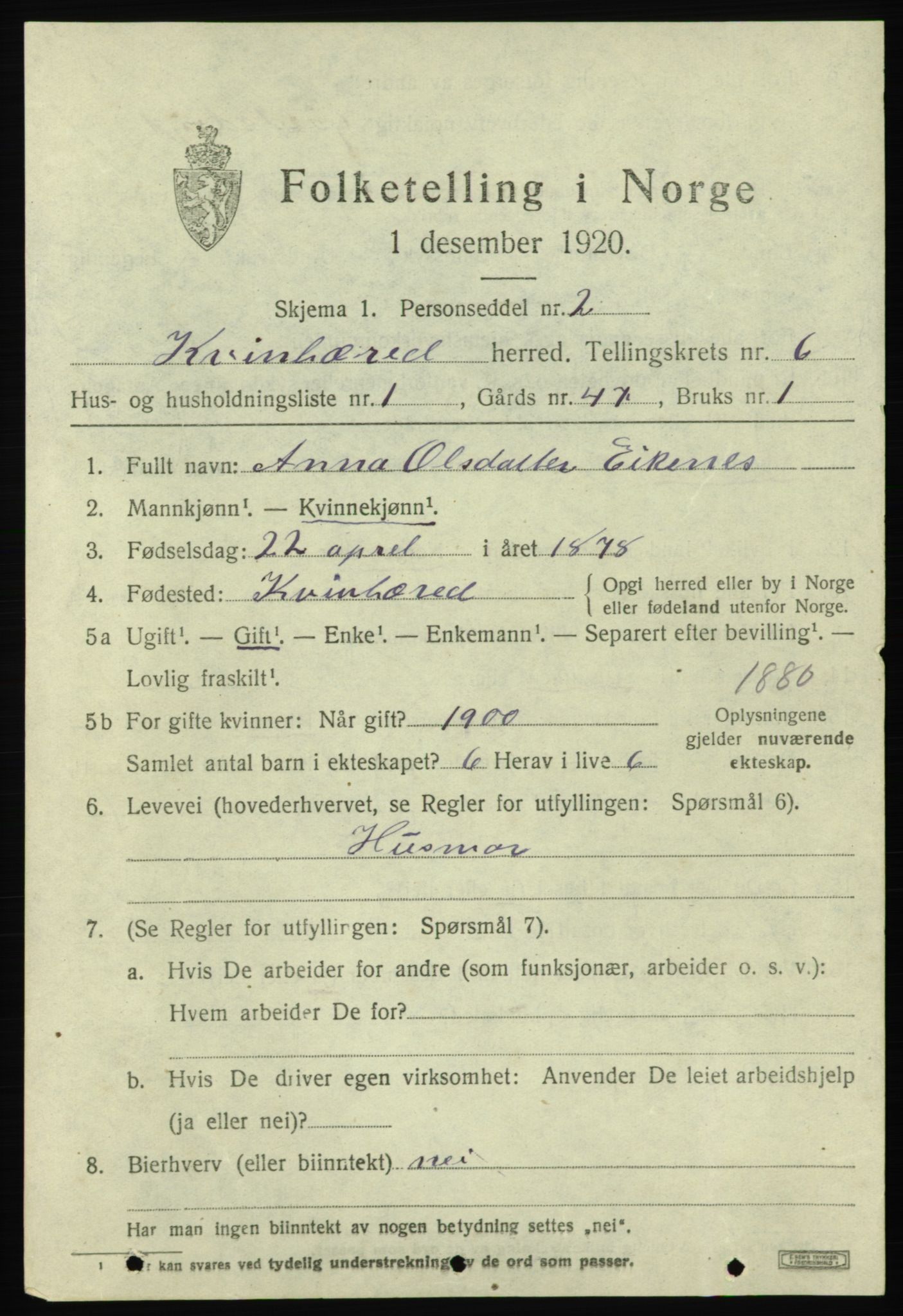 SAB, 1920 census for Kvinnherad, 1920, p. 6220