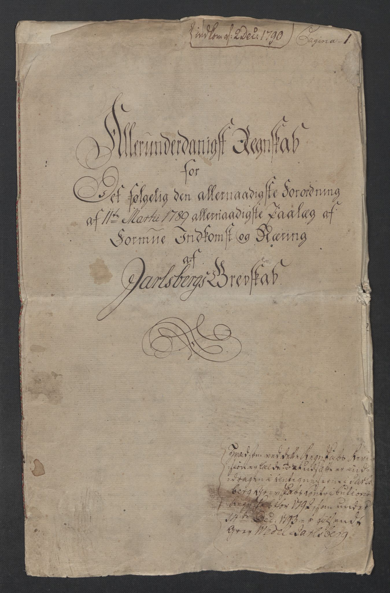 Rentekammeret inntil 1814, Reviderte regnskaper, Mindre regnskaper, AV/RA-EA-4068/Rf/Rfe/L0017: Inderøy fogderi, Jarlsberg grevskap, 1789, p. 236