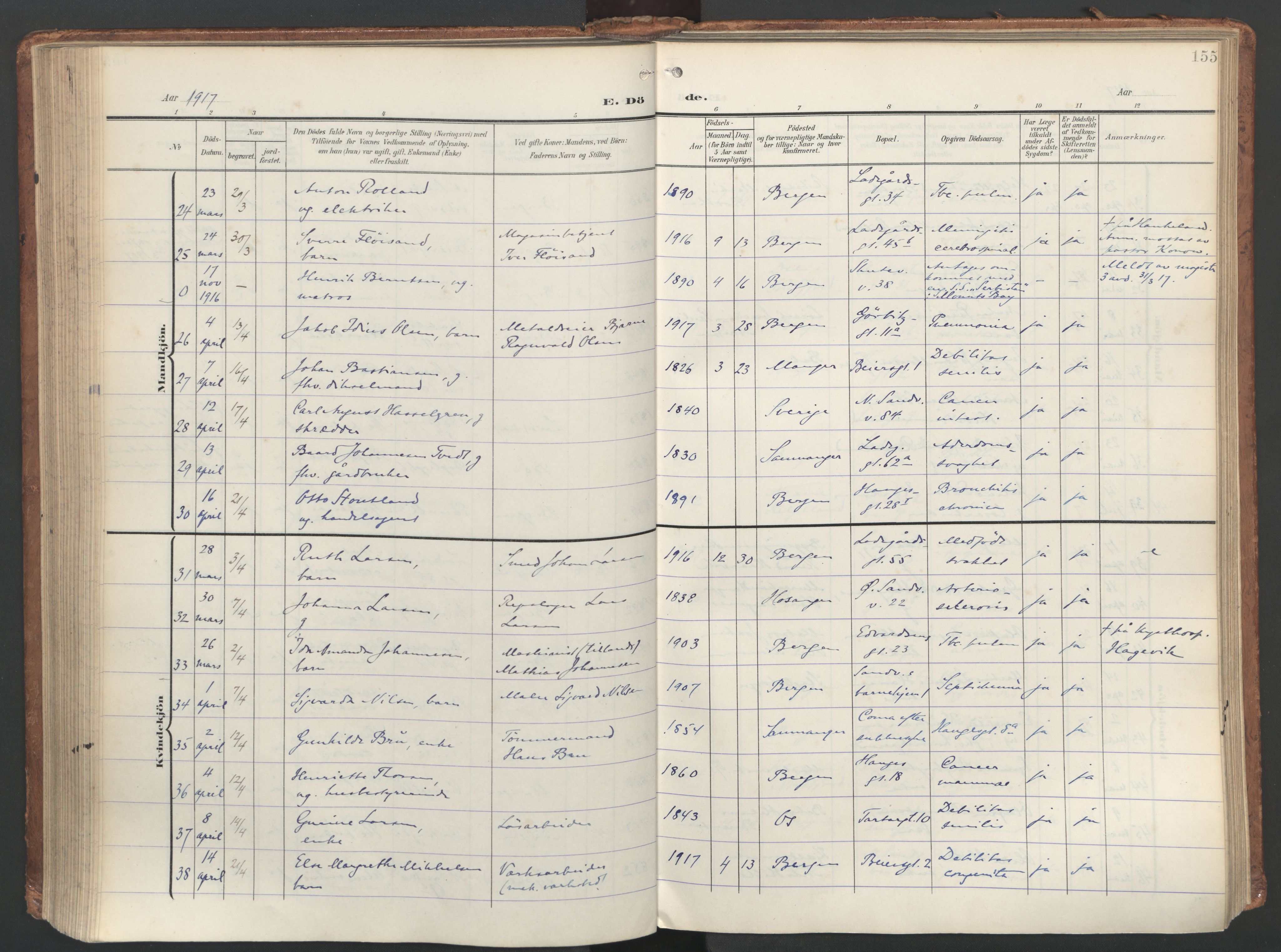 Sandviken Sokneprestembete, AV/SAB-A-77601/H/Ha/L0019: Parish register (official) no. E 2, 1905-1933, p. 155