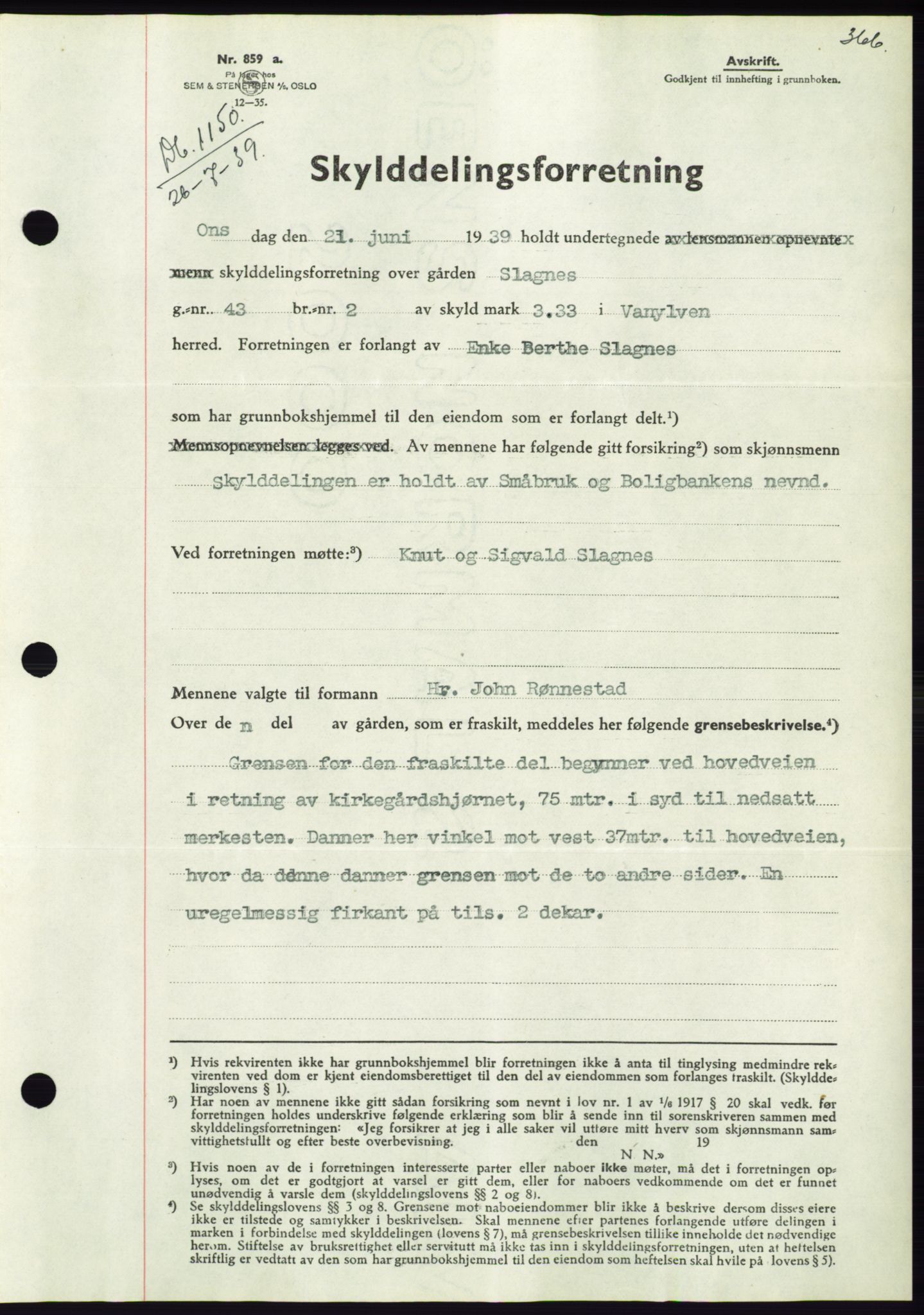 Søre Sunnmøre sorenskriveri, AV/SAT-A-4122/1/2/2C/L0068: Mortgage book no. 62, 1939-1939, Diary no: : 1150/1939