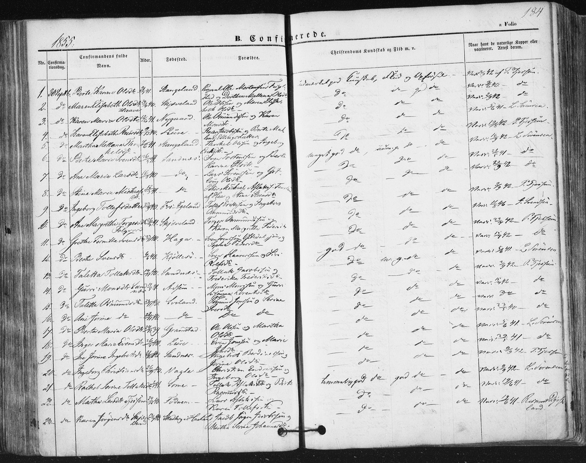 Høyland sokneprestkontor, SAST/A-101799/001/30BA/L0008: Parish register (official) no. A 8, 1841-1856, p. 184