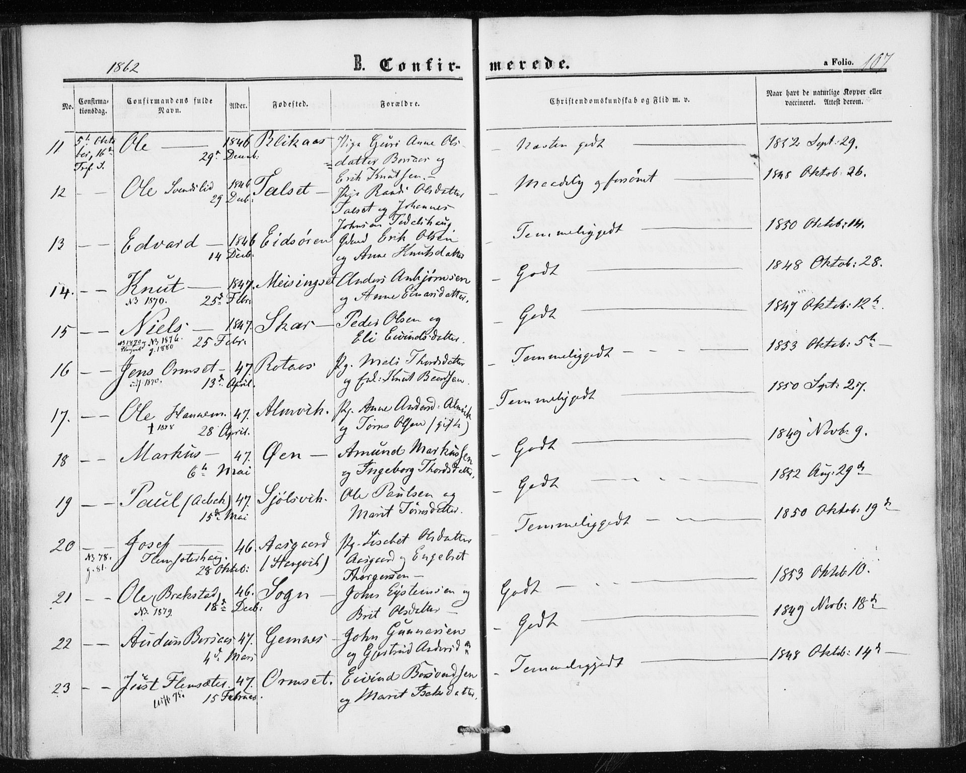 Ministerialprotokoller, klokkerbøker og fødselsregistre - Møre og Romsdal, AV/SAT-A-1454/586/L0985: Parish register (official) no. 586A11, 1857-1866, p. 107