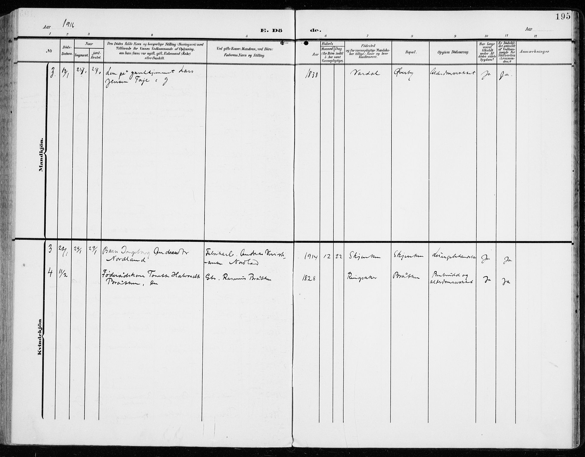 Vardal prestekontor, SAH/PREST-100/H/Ha/Haa/L0016: Parish register (official) no. 16, 1904-1916, p. 195