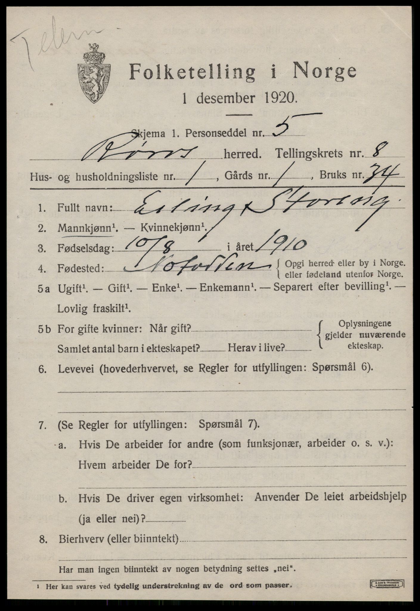 SAT, 1920 census for Røros, 1920, p. 7364