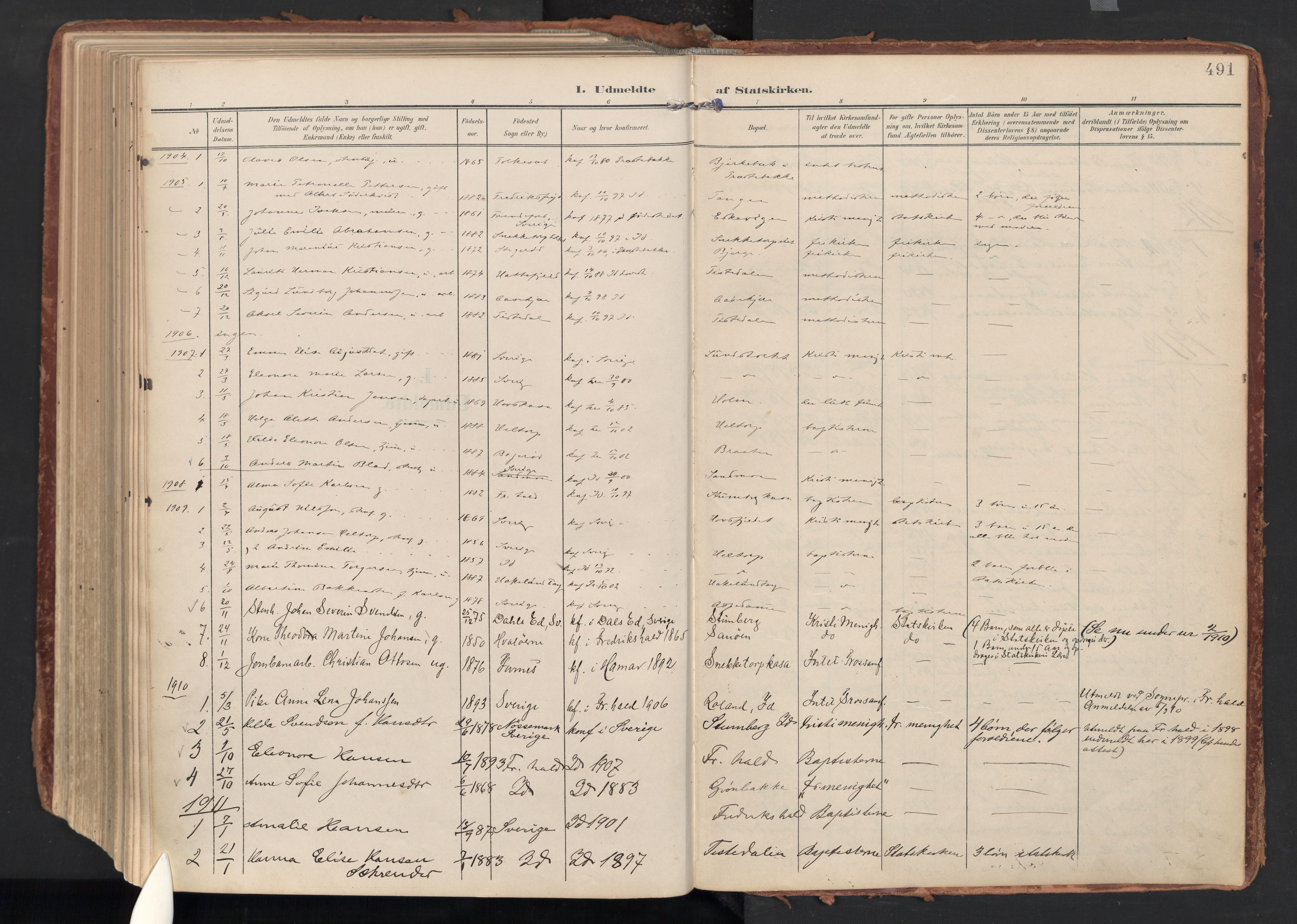 Idd prestekontor Kirkebøker, SAO/A-10911/F/Fc/L0007: Parish register (official) no. III 7, 1904-1925, p. 491