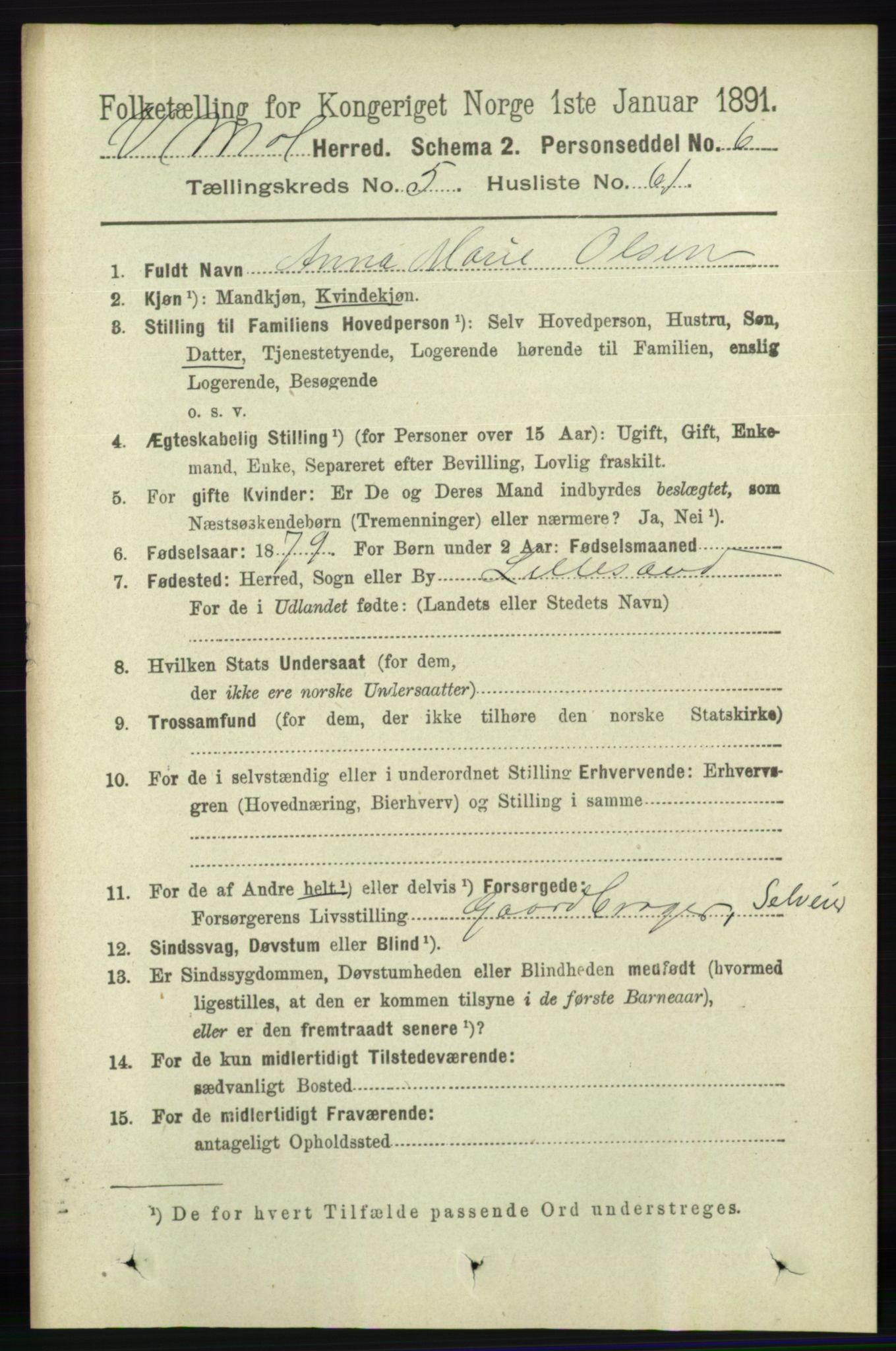 RA, 1891 census for 0926 Vestre Moland, 1891, p. 2164