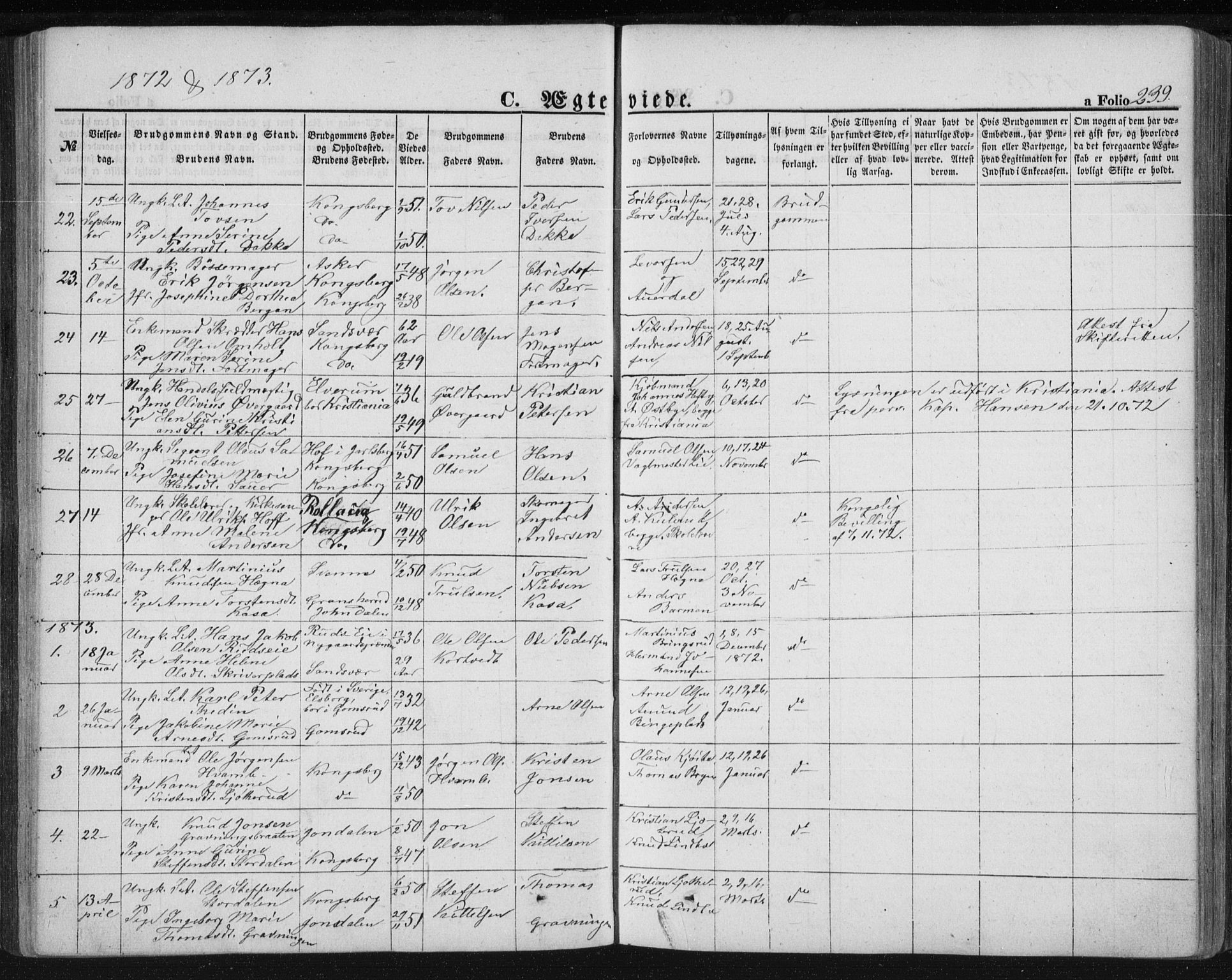 Kongsberg kirkebøker, AV/SAKO-A-22/F/Fa/L0010: Parish register (official) no. I 10, 1859-1875, p. 239