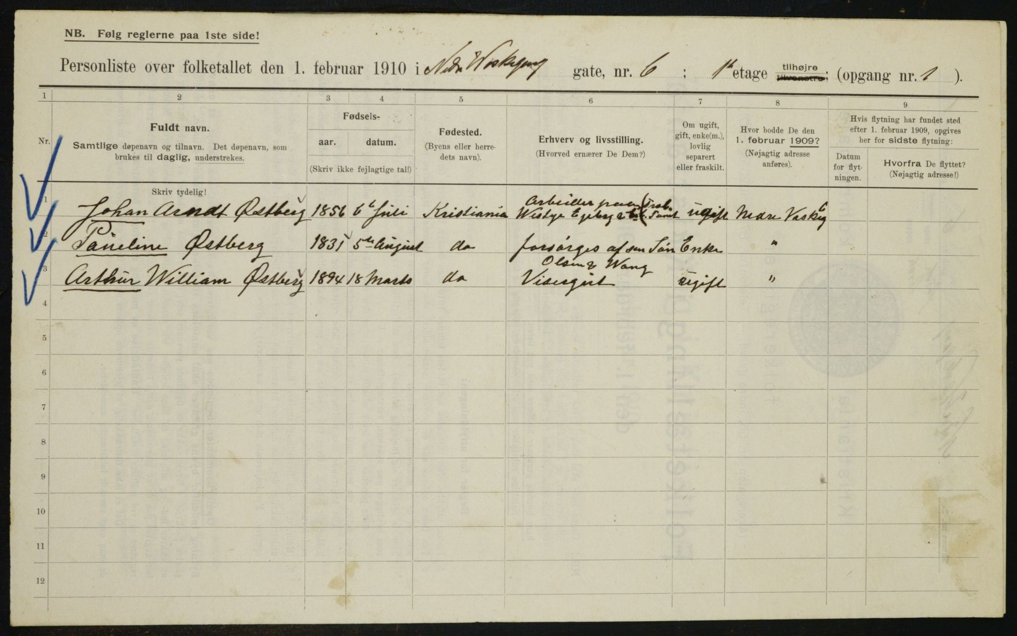 OBA, Municipal Census 1910 for Kristiania, 1910, p. 67224