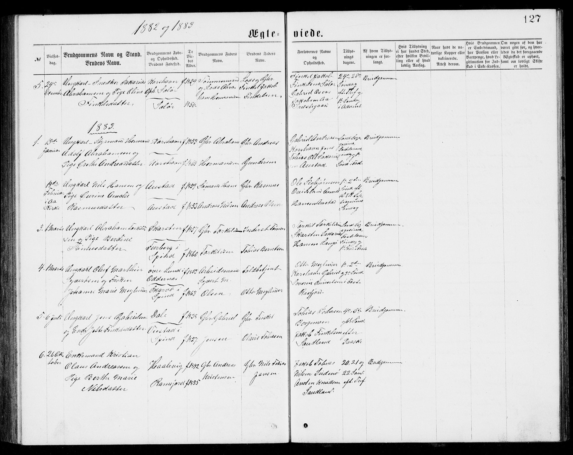 Lyngdal sokneprestkontor, AV/SAK-1111-0029/F/Fb/Fba/L0002: Parish register (copy) no. B 2, 1876-1886, p. 127