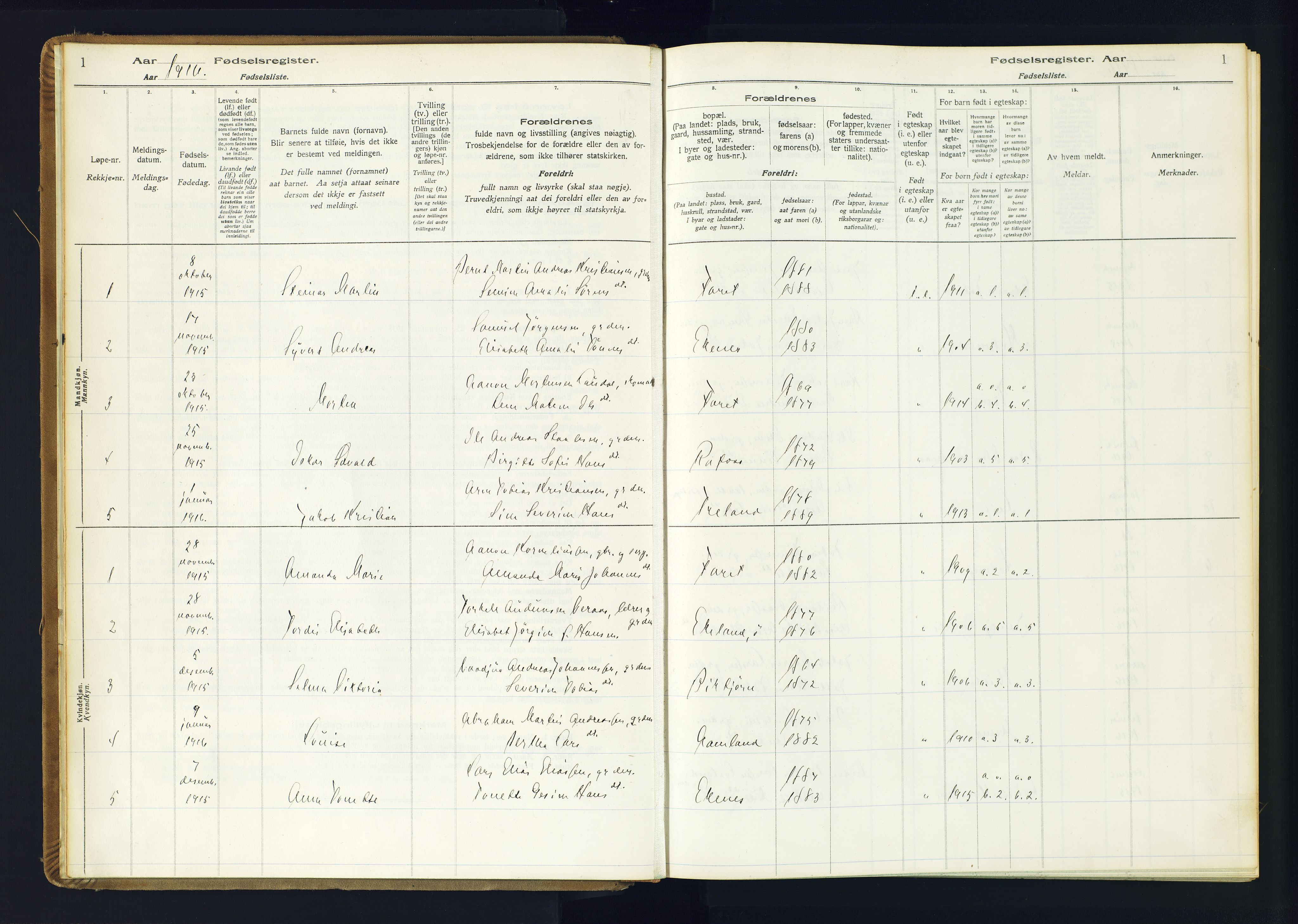 Kvinesdal sokneprestkontor, SAK/1111-0026/J/Ja/L0001: Birth register no. 1, 1916-1941, p. 1