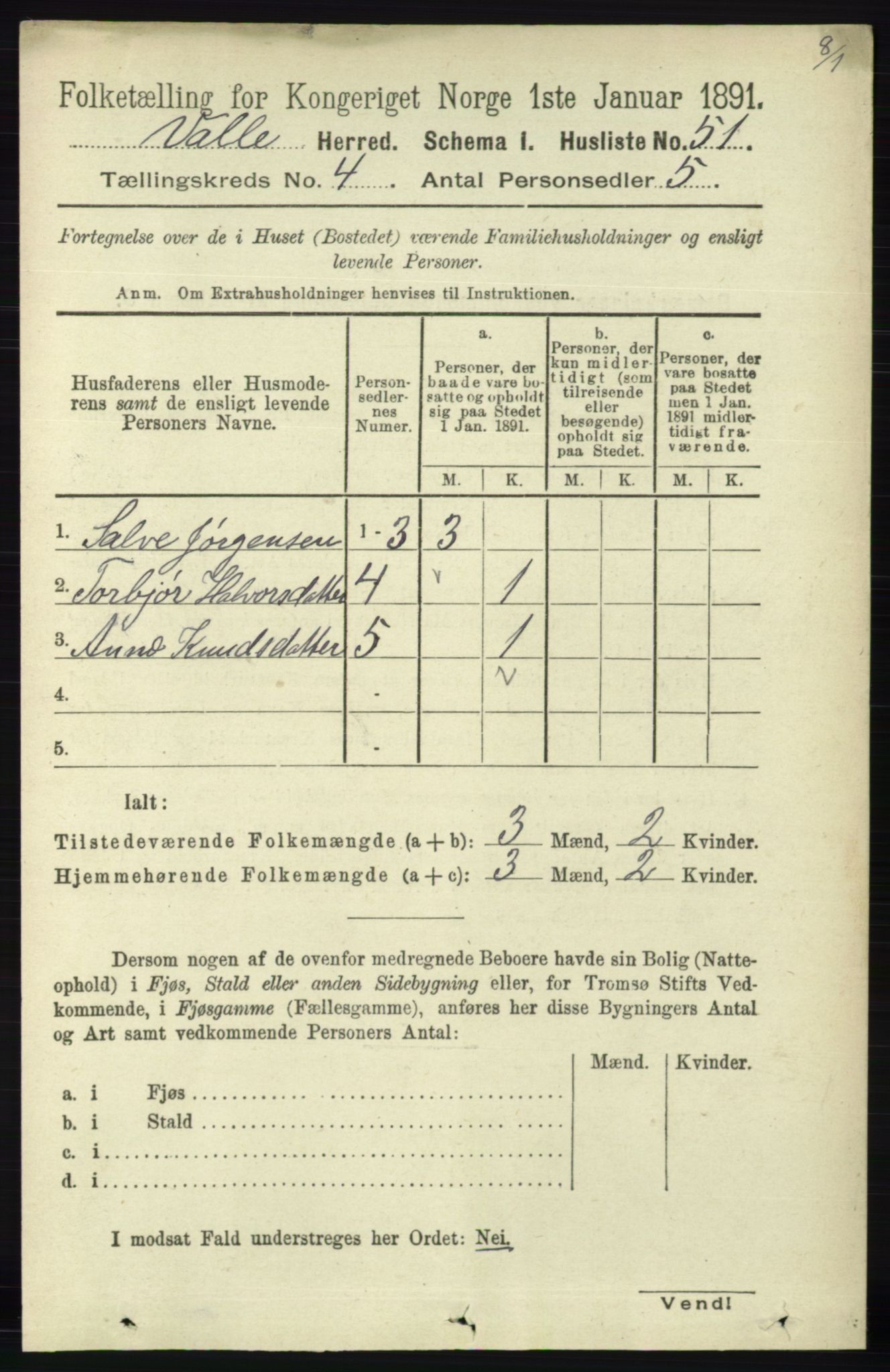 RA, 1891 census for 0940 Valle, 1891, p. 1002