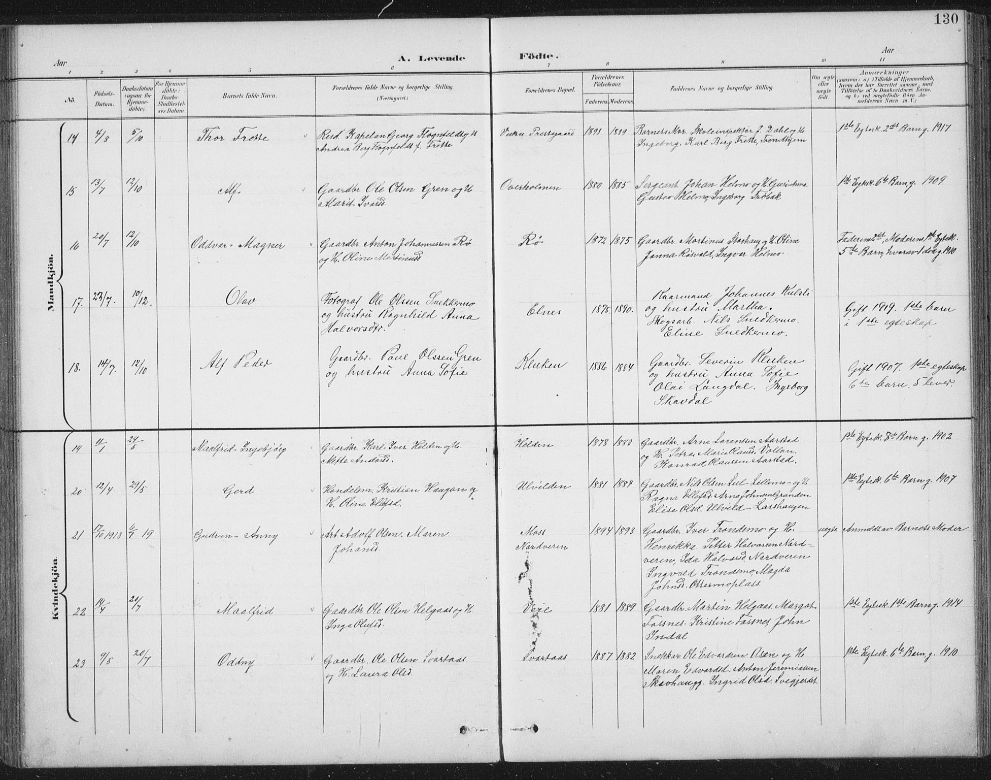 Ministerialprotokoller, klokkerbøker og fødselsregistre - Nord-Trøndelag, AV/SAT-A-1458/724/L0269: Parish register (copy) no. 724C05, 1899-1920, p. 130