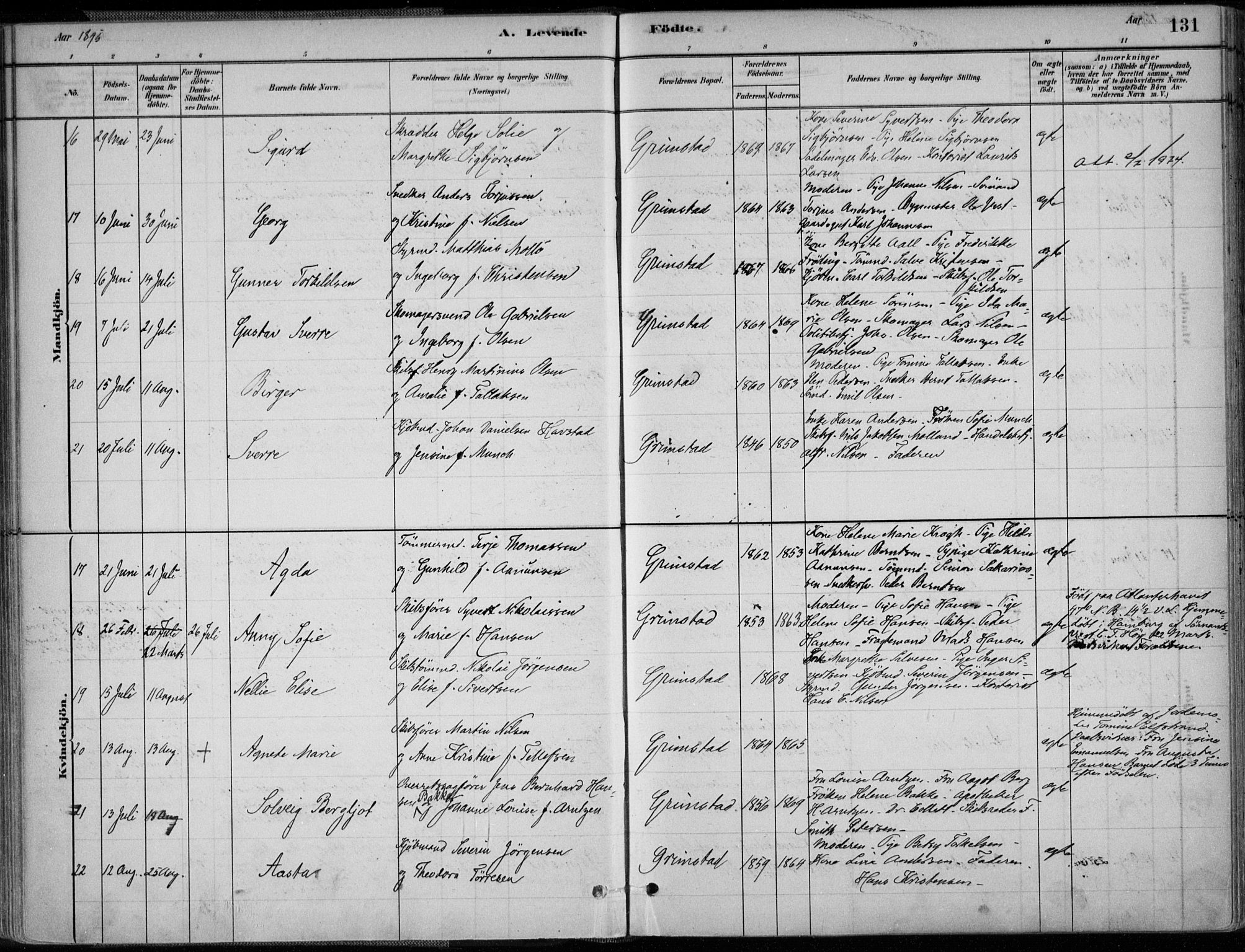 Grimstad sokneprestkontor, AV/SAK-1111-0017/F/Fa/L0003: Parish register (official) no. A 2, 1882-1912, p. 131